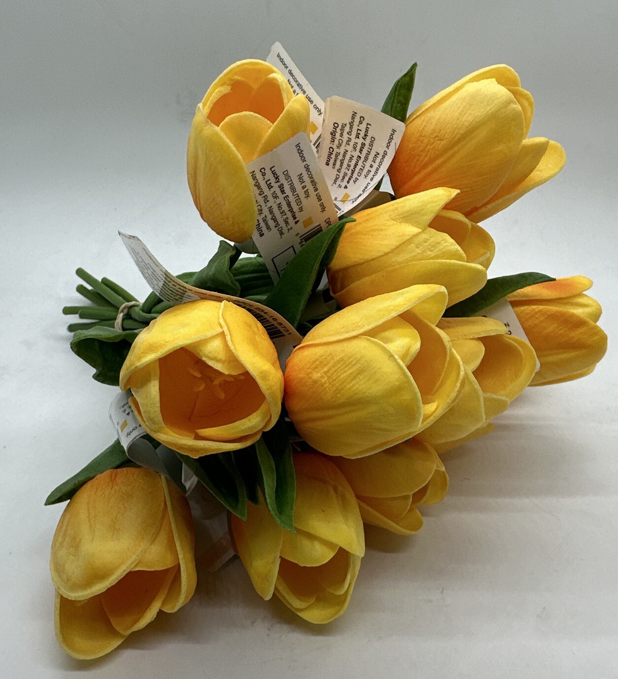 12 Artificial Tulips Flower “Real Touch” Stems w/ Flower & 2 Leaves in Yellow