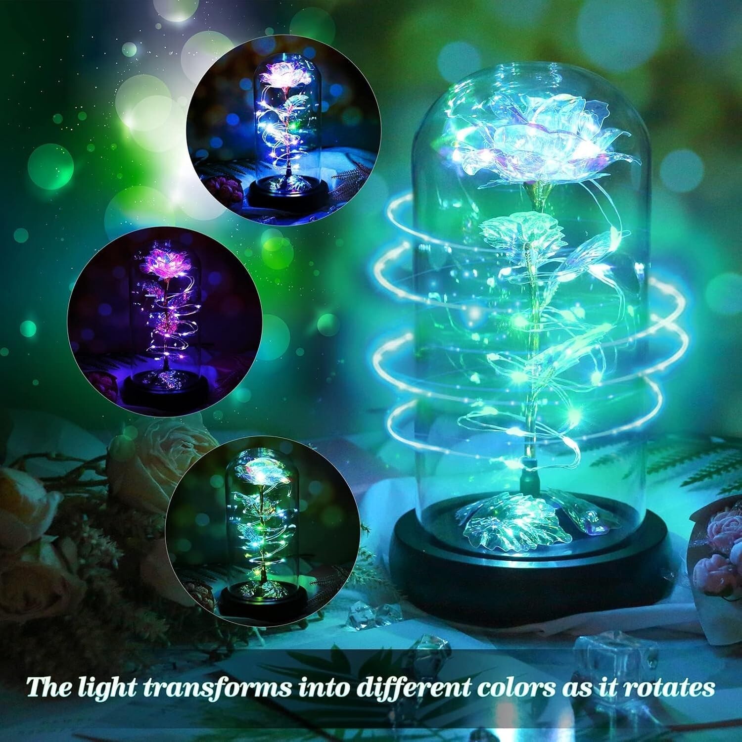 Rotating Valentines Day Gifts for Her, Birthday Gifts, Light Up Rose in Dome