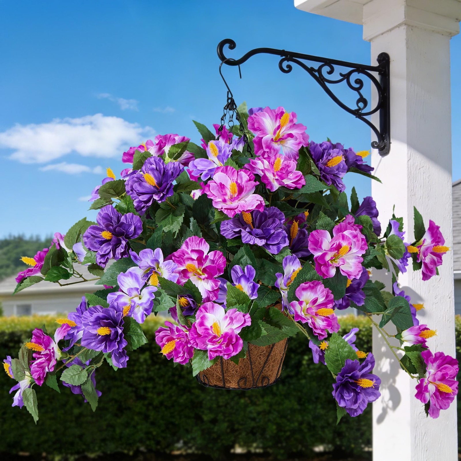 Realistic UV Resistant Fake Hibiscus Flowers – 3 Bunches with Hanging Basket for