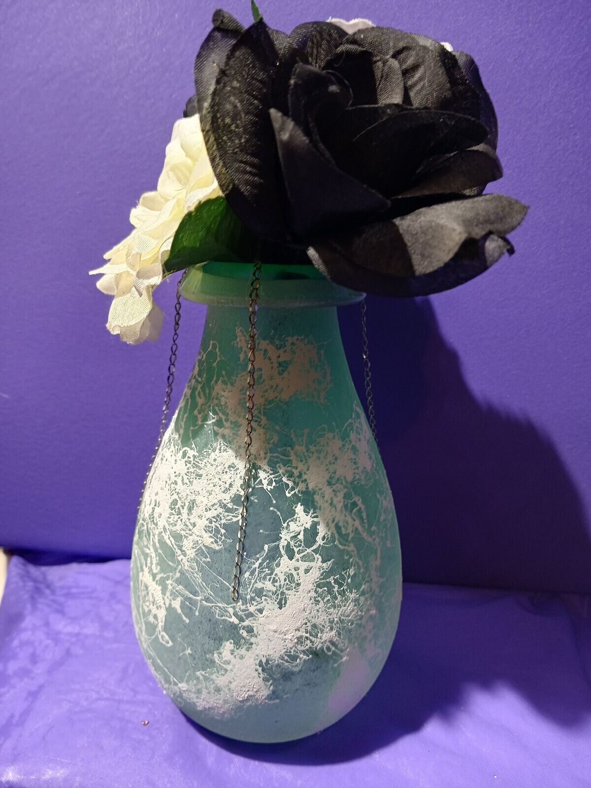 Artificial Flower Arrangement Green Glass Vase With Silver Chain Valentines Day