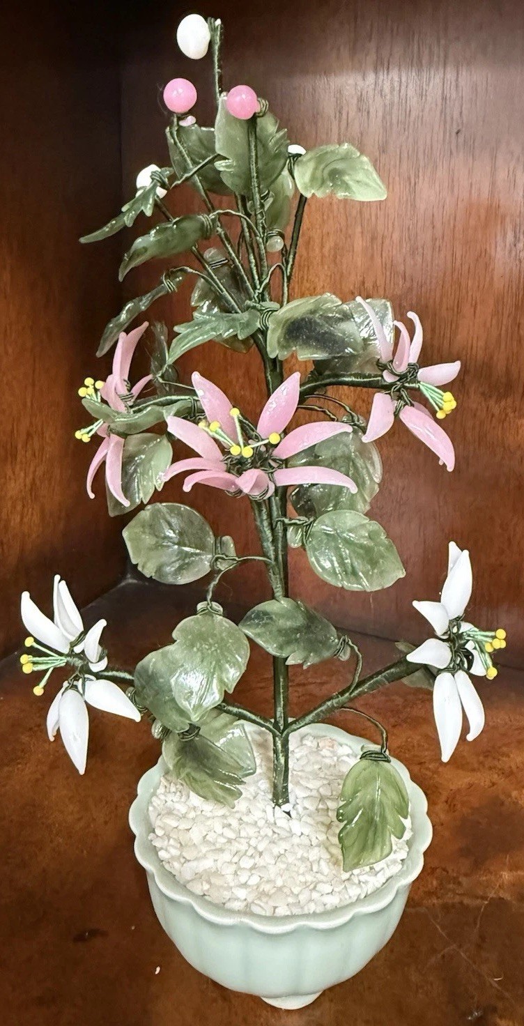 Vintage Adjustable Floral Arrangement Plastic Flowers Jade Style Leaves Porc Pla
