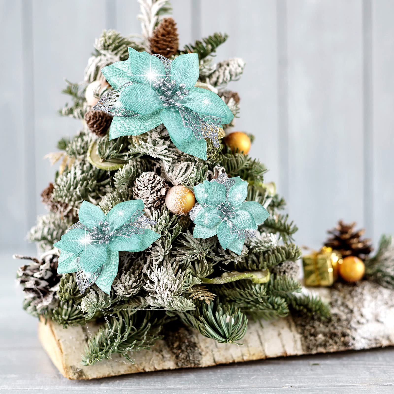 Mint Green Christmas Artificial Glitter Poinsettia Flowers 72 PCS 3 Sizes