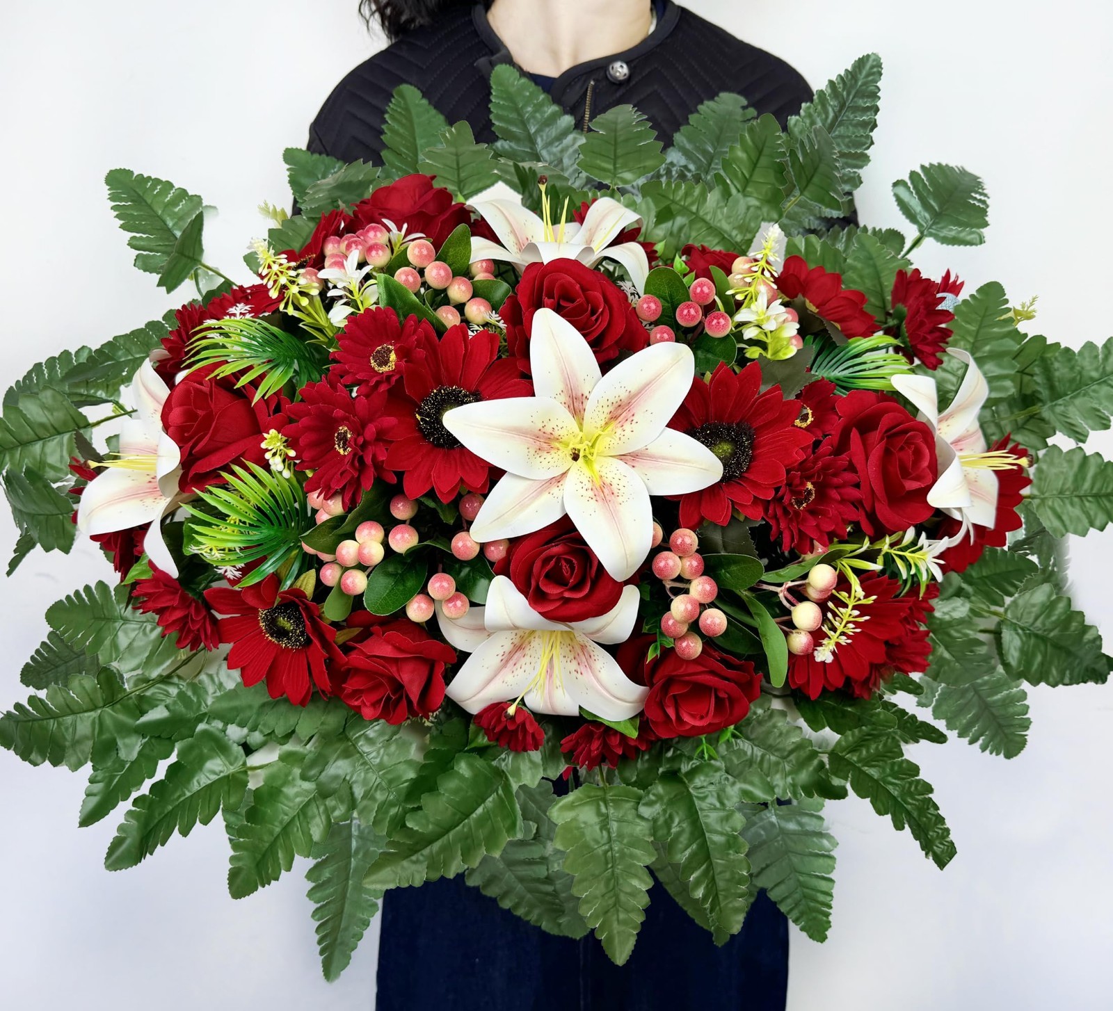 Artificial Cemetery Flower Bouquets – 3-Piece Headstone Saddle Set, Colorfast Ro