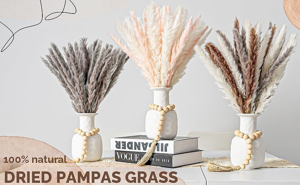 17 Inch Pink & White 30 pcs Pampas Grass with Wooden Elegant Beads – No Vase