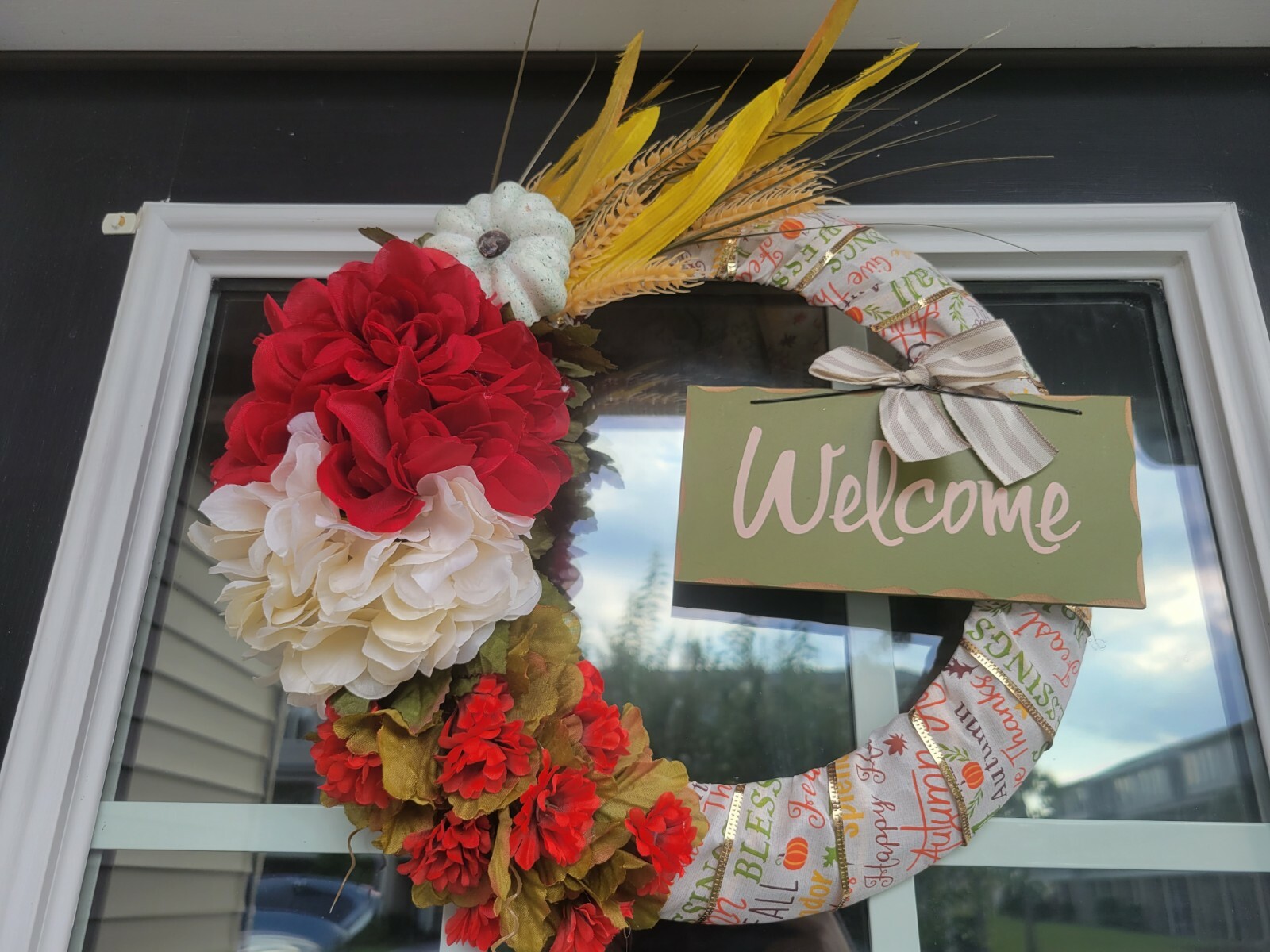 WELCOME fall FLOWER Hydrangeas cat tail burlap WREATH autumn Decor Front Door