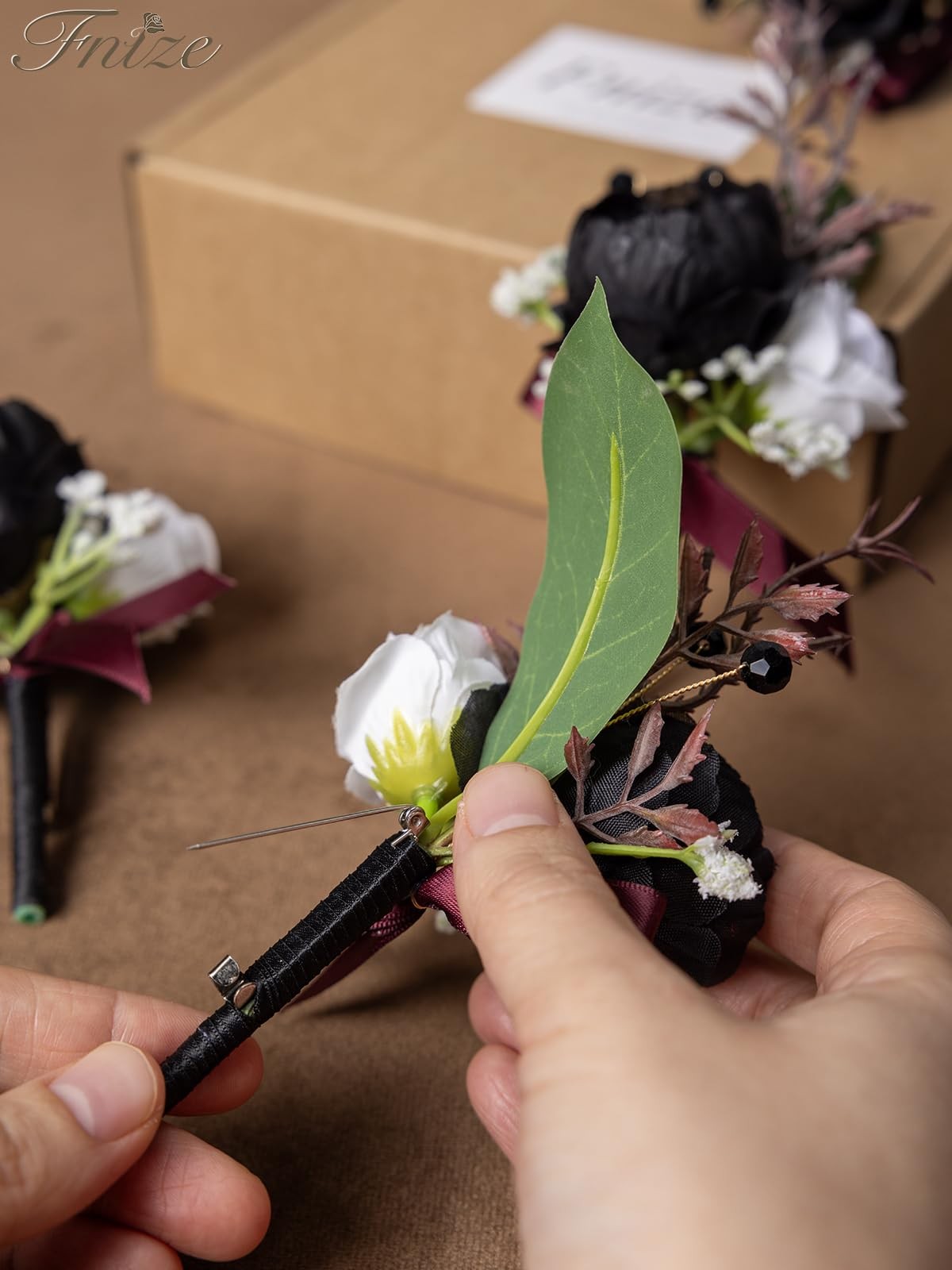 6 PCS Black White Men Boutonniere Artificial Silk Flower Wedding Prom Grooms
