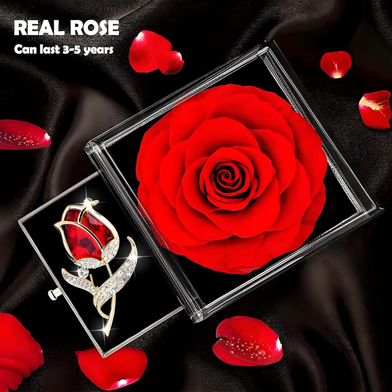Preserved Red Rose Gift Box- Enchanted Real Roses with Ruby Brooch, Eternal Rose