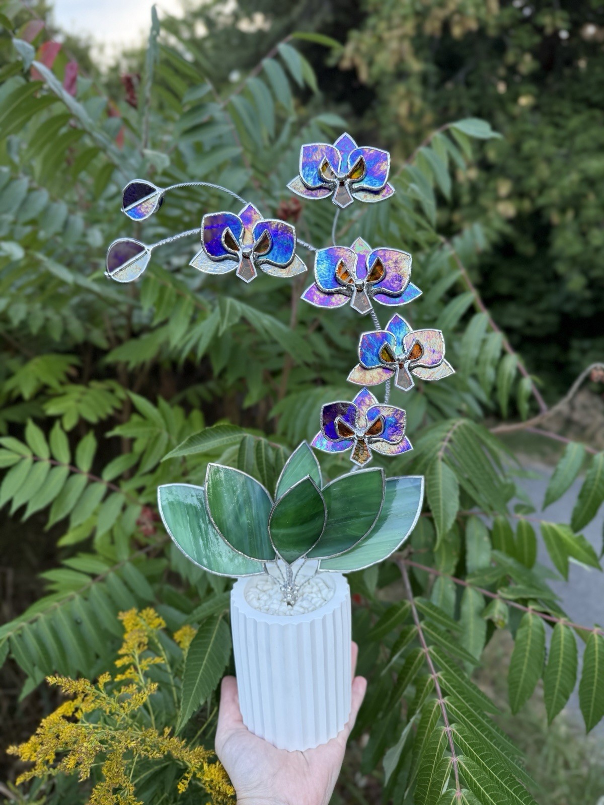 Stained Glass 3D Orchid indigo Iridescent, 5 Flowers In A Pot, Table Decor