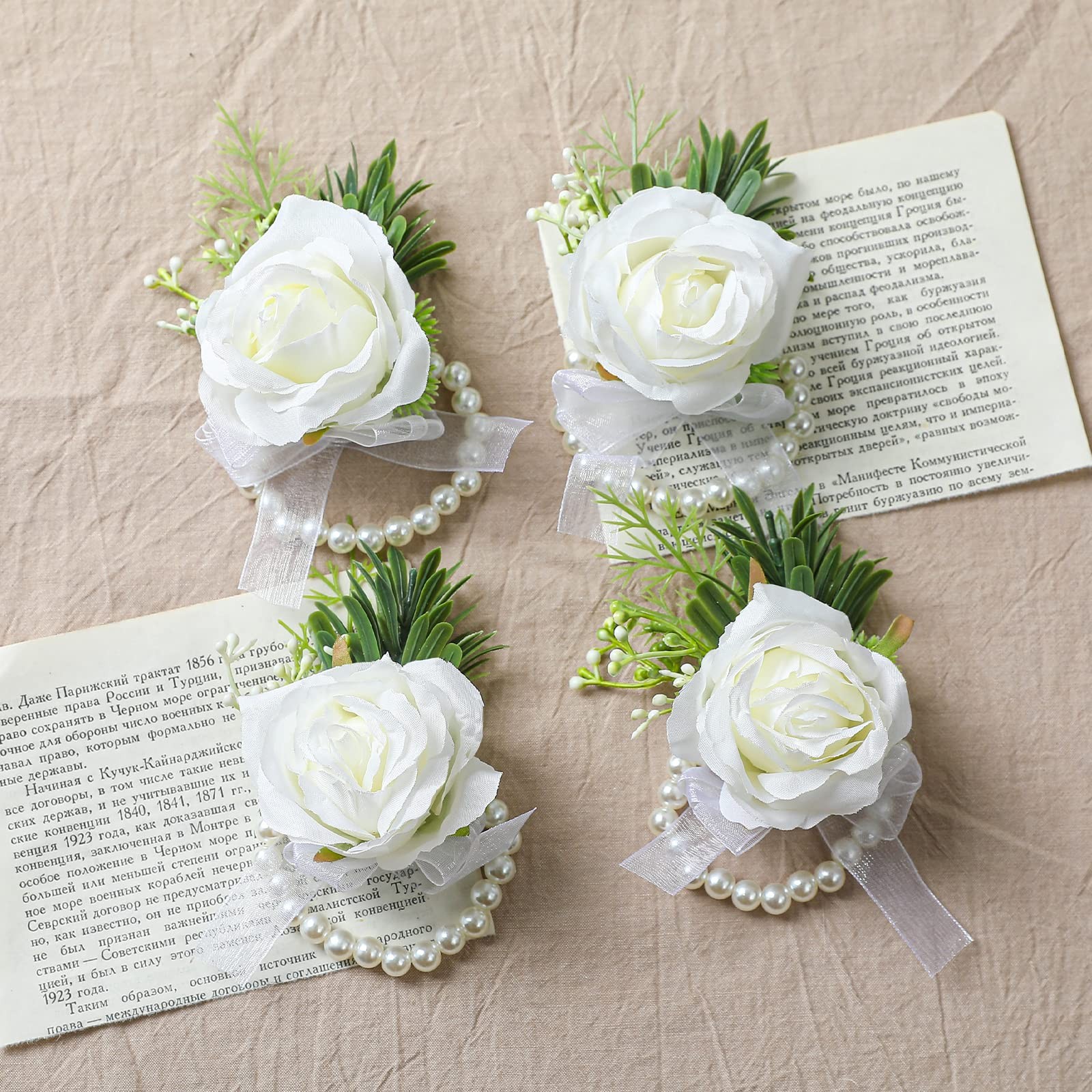 White Artificial Rose Wrist Corsage Flowers for Wedding, Prom Party, 4 PCS Set