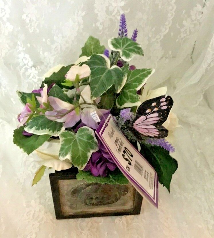 Beautiful Faux Flower Arrangement in Old Metal Drawer Approx 10″ x 8″ x 8″ NWT