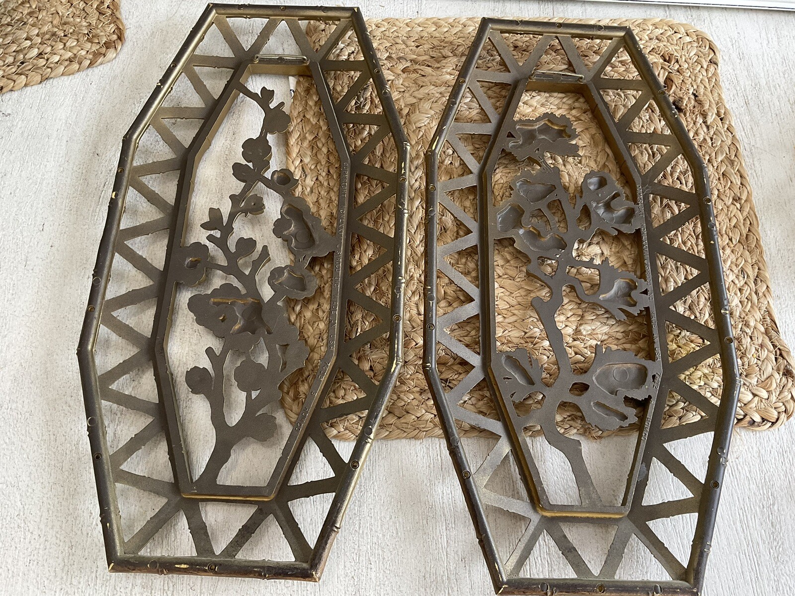 Vtg Syroco Pair Bamboo Floral Wall Plaques Dart 7412 A & B Homco 15.5″
