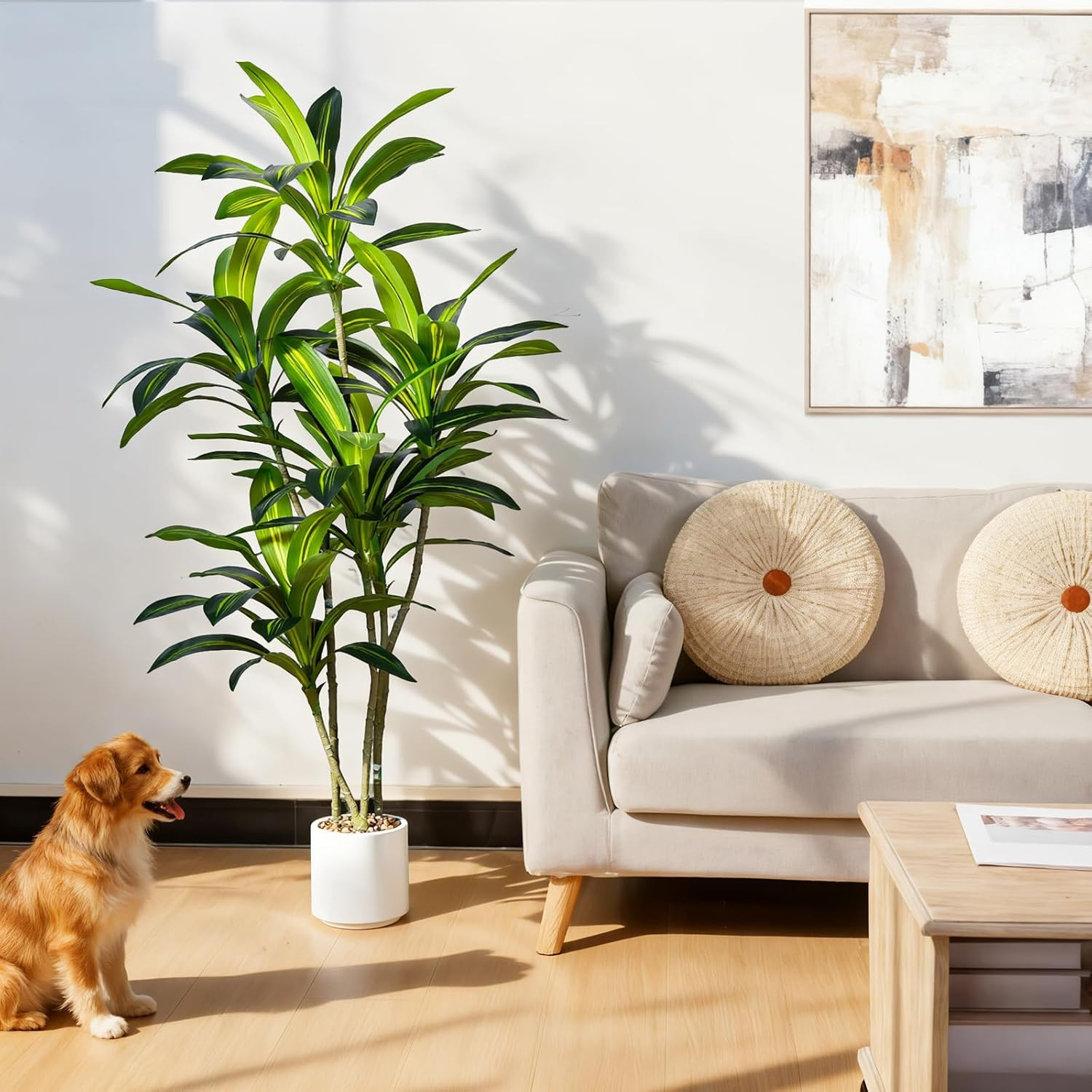 Artificial Dracaena Tree, 5FT Tall Fake Plants with Real Touch Leaves & White Pl