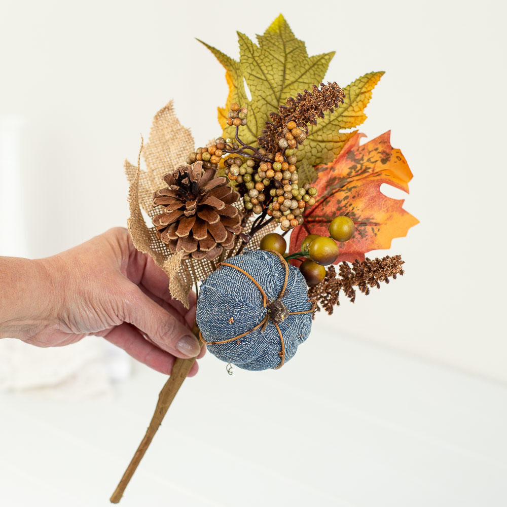 Lot of 2 Fall Artificial Burlap Leaf and Denim Pumpkin 13″ Decorative Picks