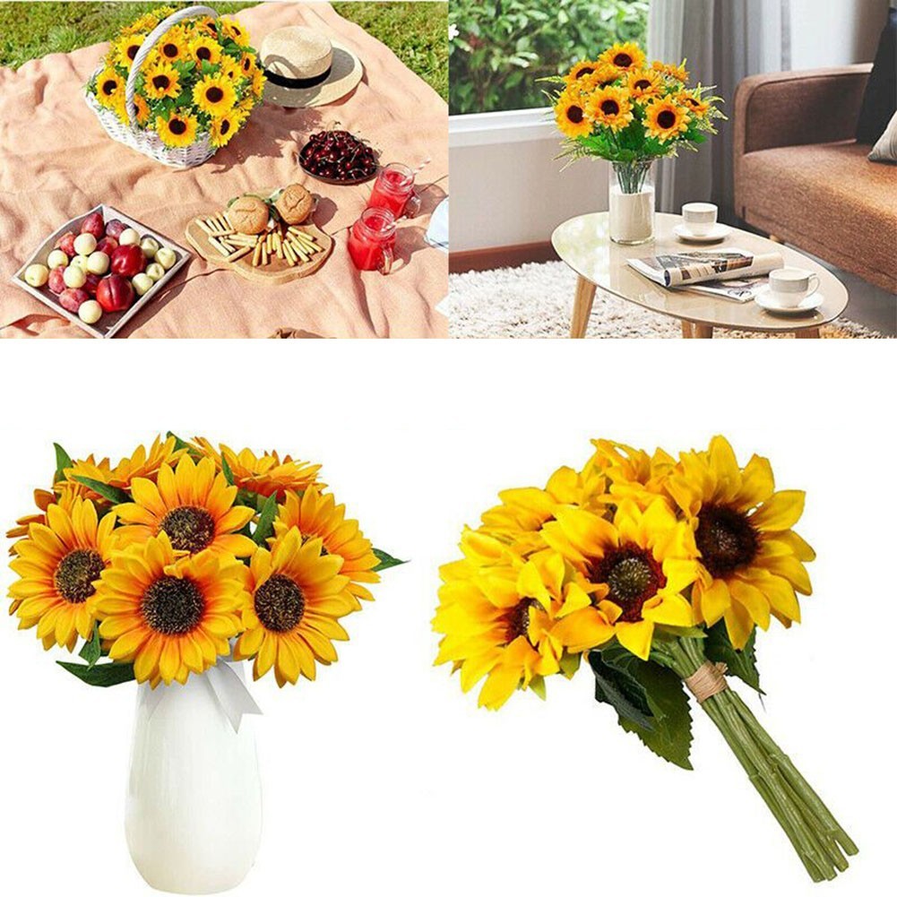 7 Heads Artificial Sunflowers Fake Flower Bouquet Garden Wedding Party Decor New