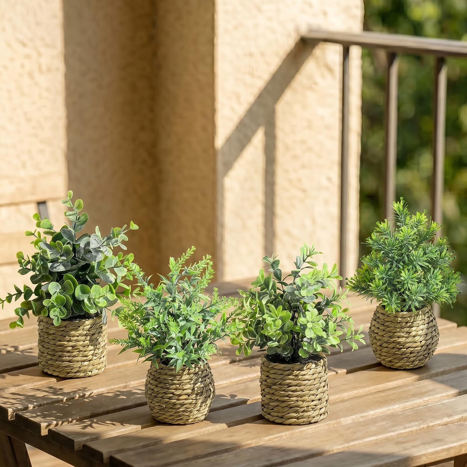 Small Fake Plants, 4 Pack Artificial Plants in Handwoven Seagrass Baskets