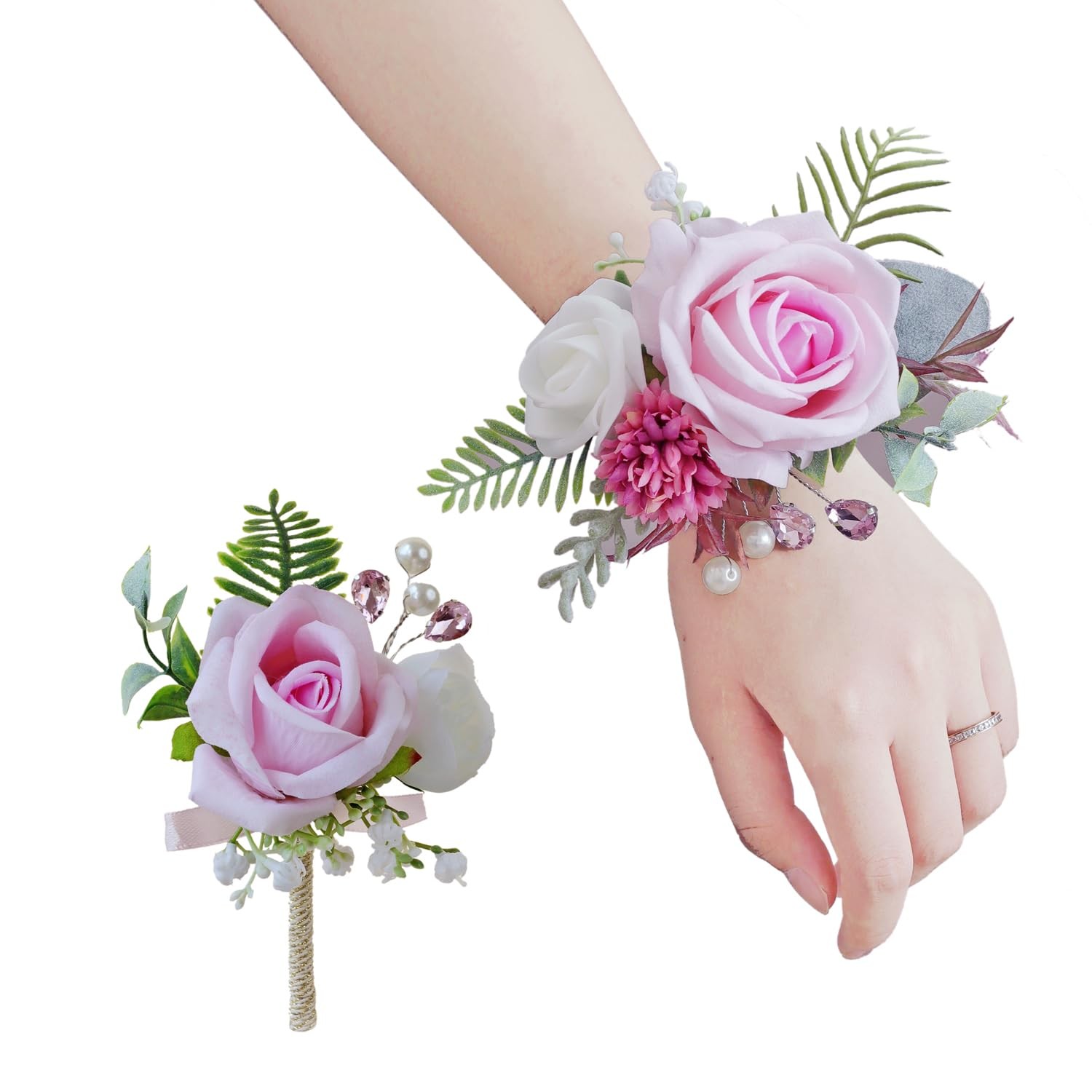 Pink Corsage And Boutonniere Set Prom Wedding Artificial Flower Decor