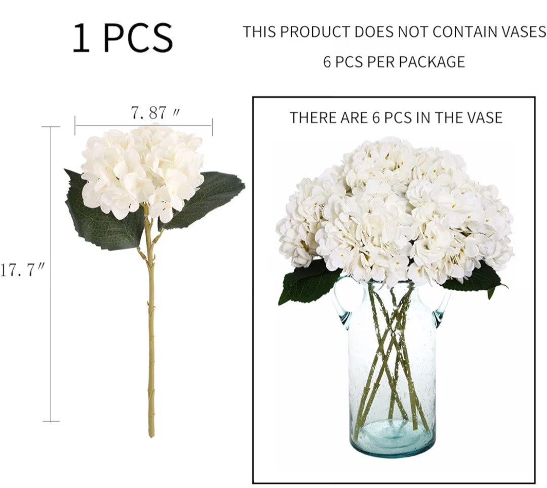 Kimura’s Cabin 6 Pcs. White Silk Hydrangea Flowers-17.7″ Tall-NEW IN ORIG BOX