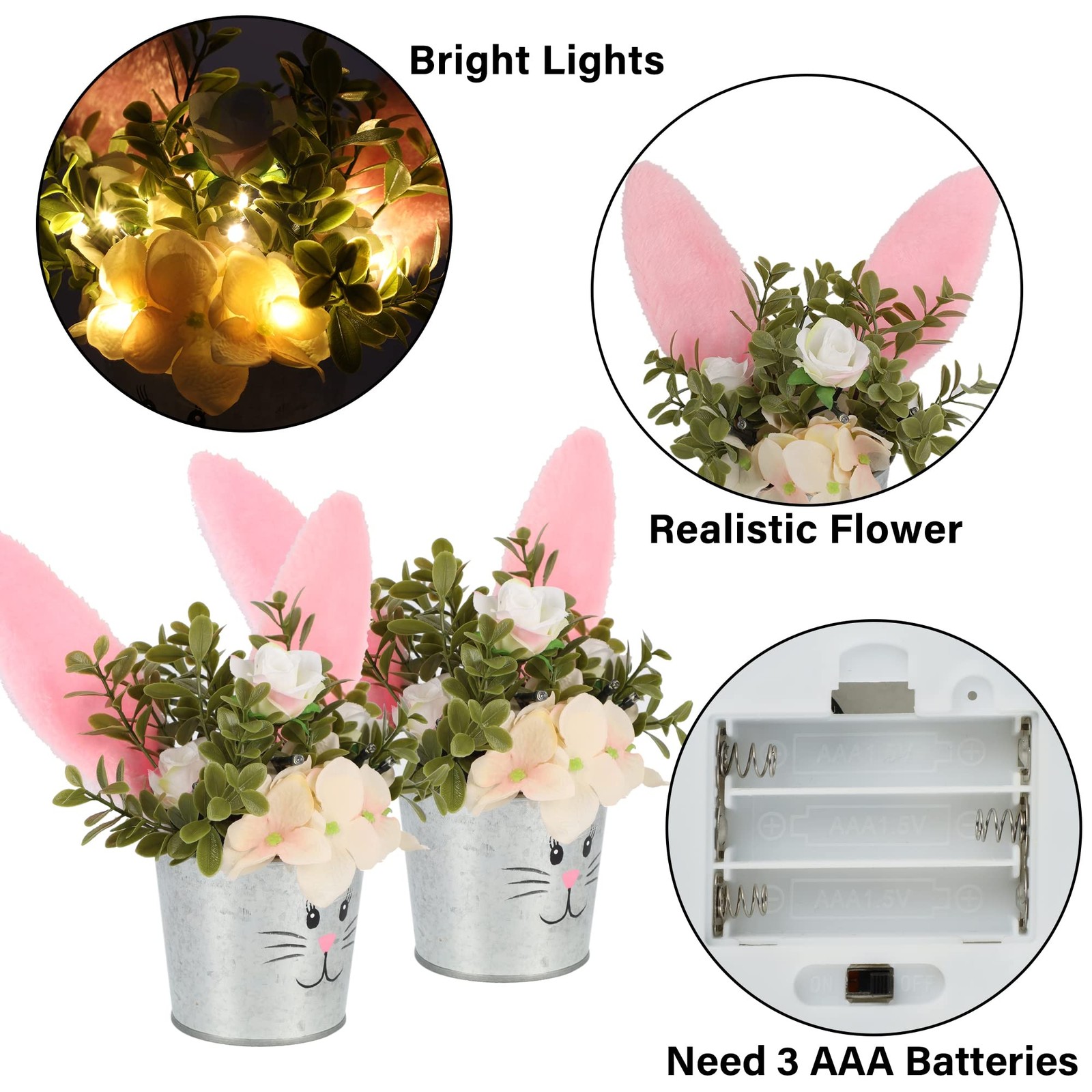 Easter Table Decorations Artificial Flower With Bunny Ear Lighted 2 PCS