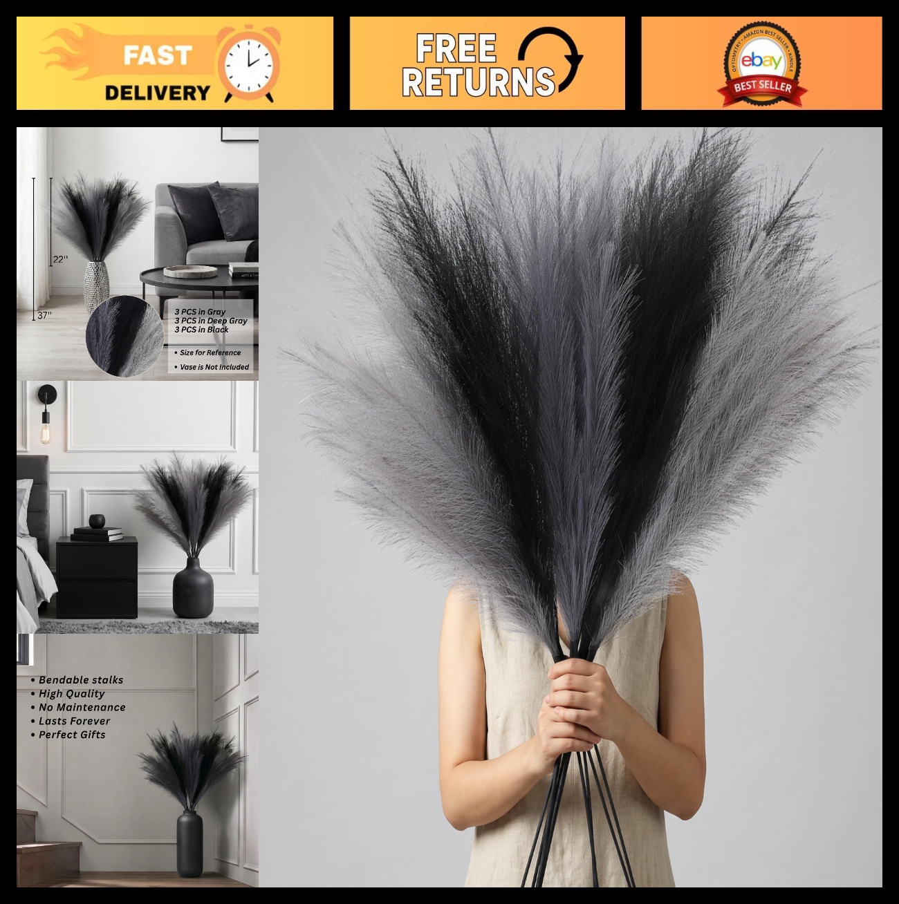 9 PCS Tall Faux Pampas Grass 37” Black Gray Fluffy Floral Decor for Vase, Boho