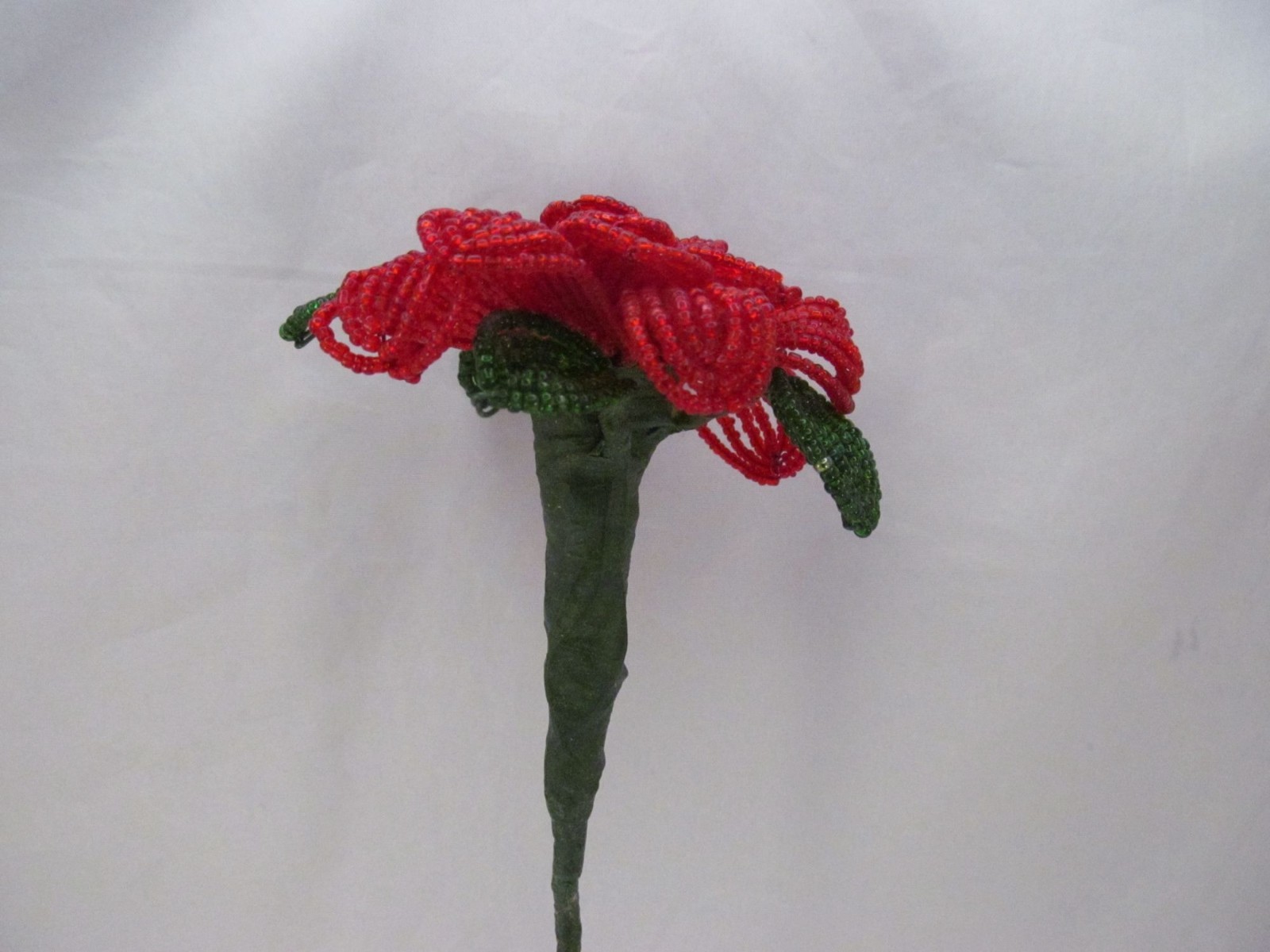 Handcrafted Red & Green French Beaded Flower with Stem Home Decor Gift 11 inch