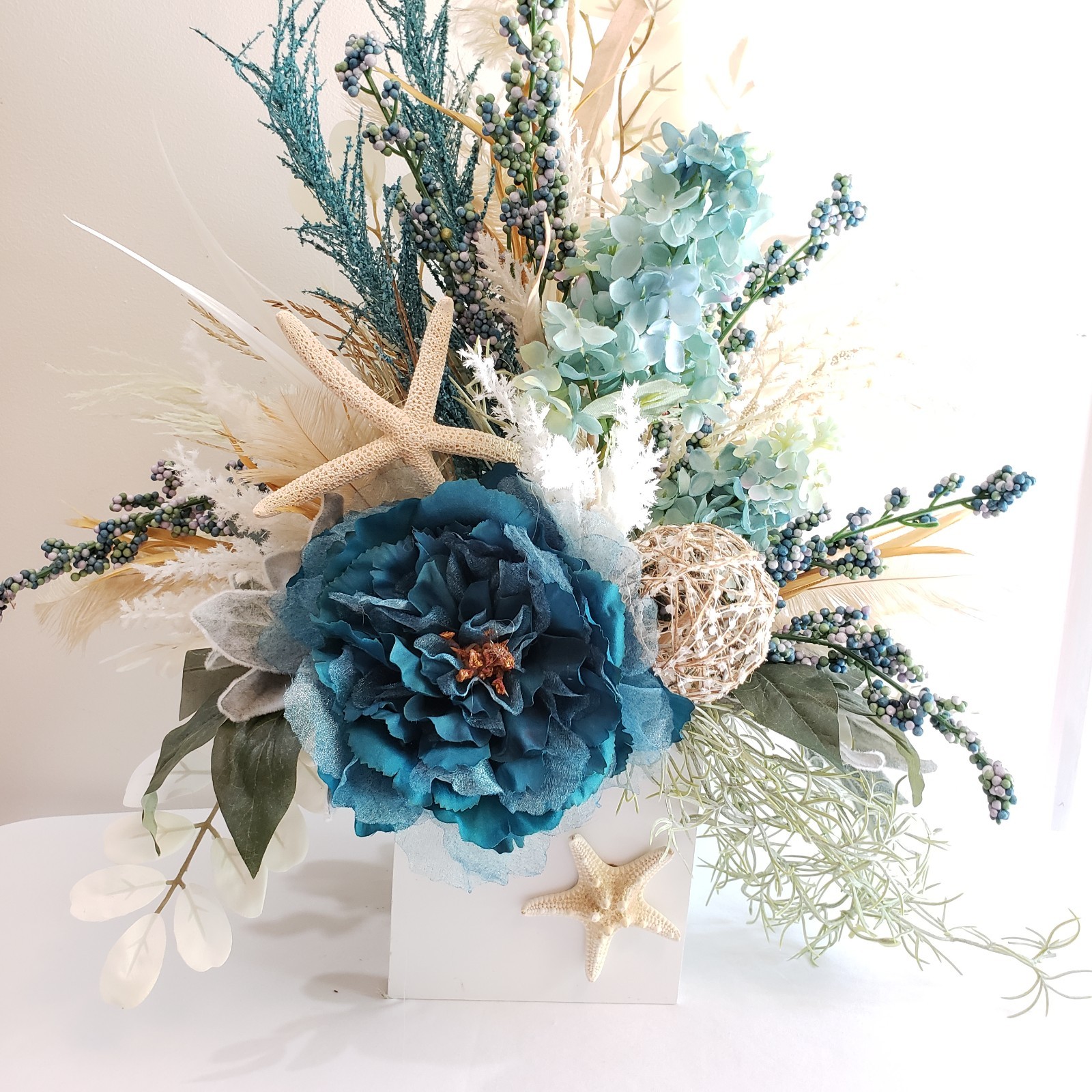Coastal Blue Floral Arrangement, Beach House Decor with Starfish