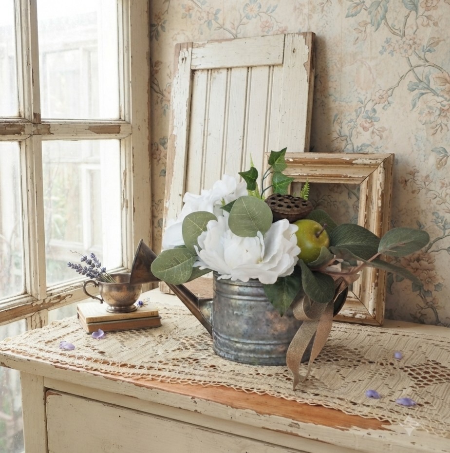 Floral Centerpiece, Vintage Metal Watering Can Cottagecore Faux Flowers