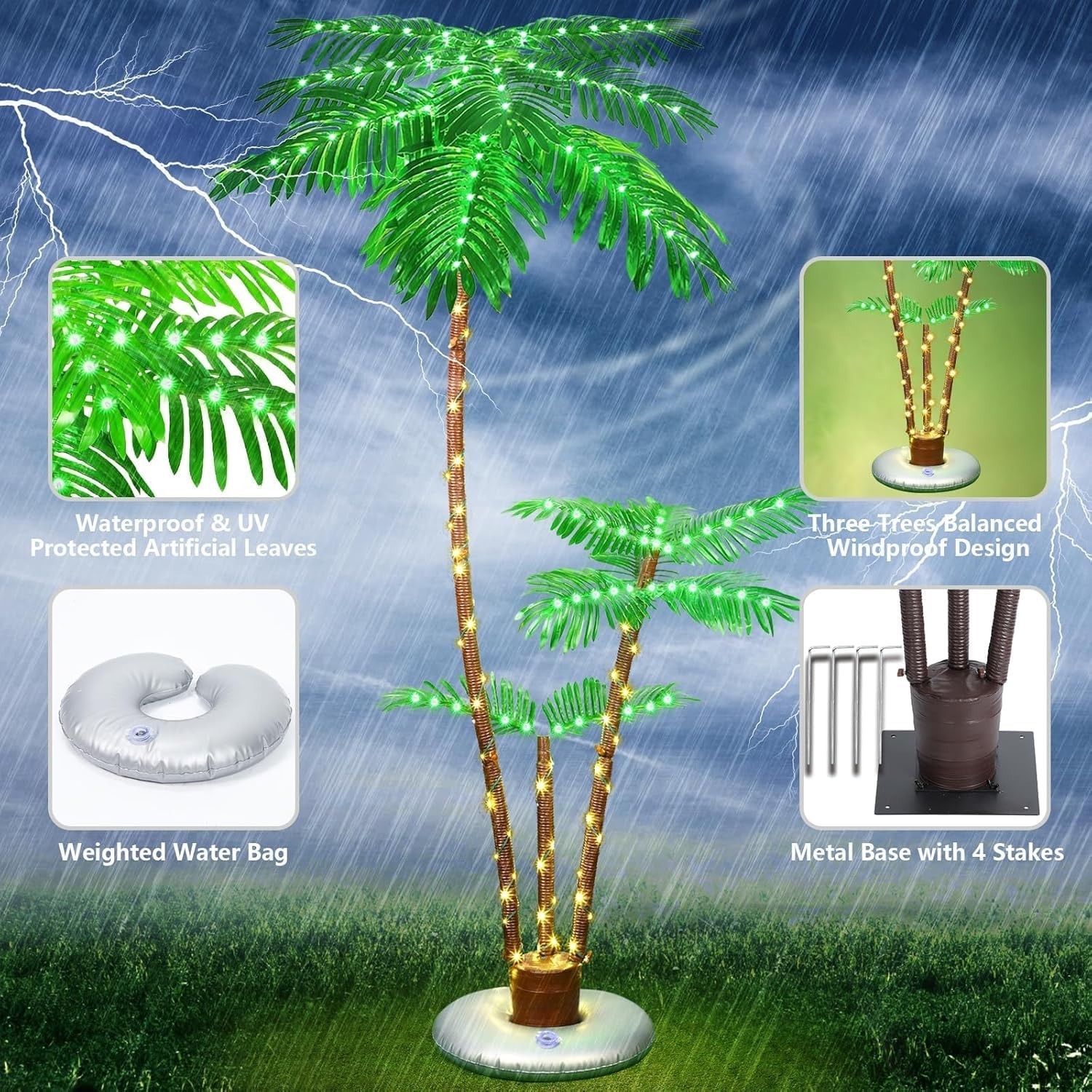6FT Triple Trunk Solar Palm Tree IP65 Waterproof Artificial Lighted Tree with Re