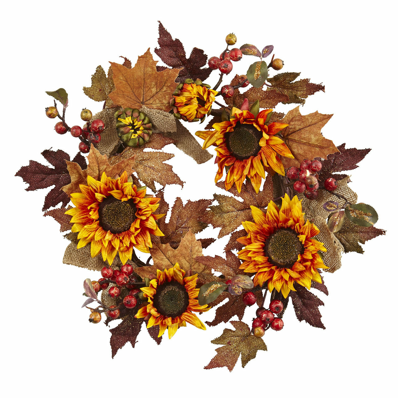 24″ ARTIFICIAL SILK SUNFLOWER & BERRY AUTUMN DECOR FALL FLORAL WREATH