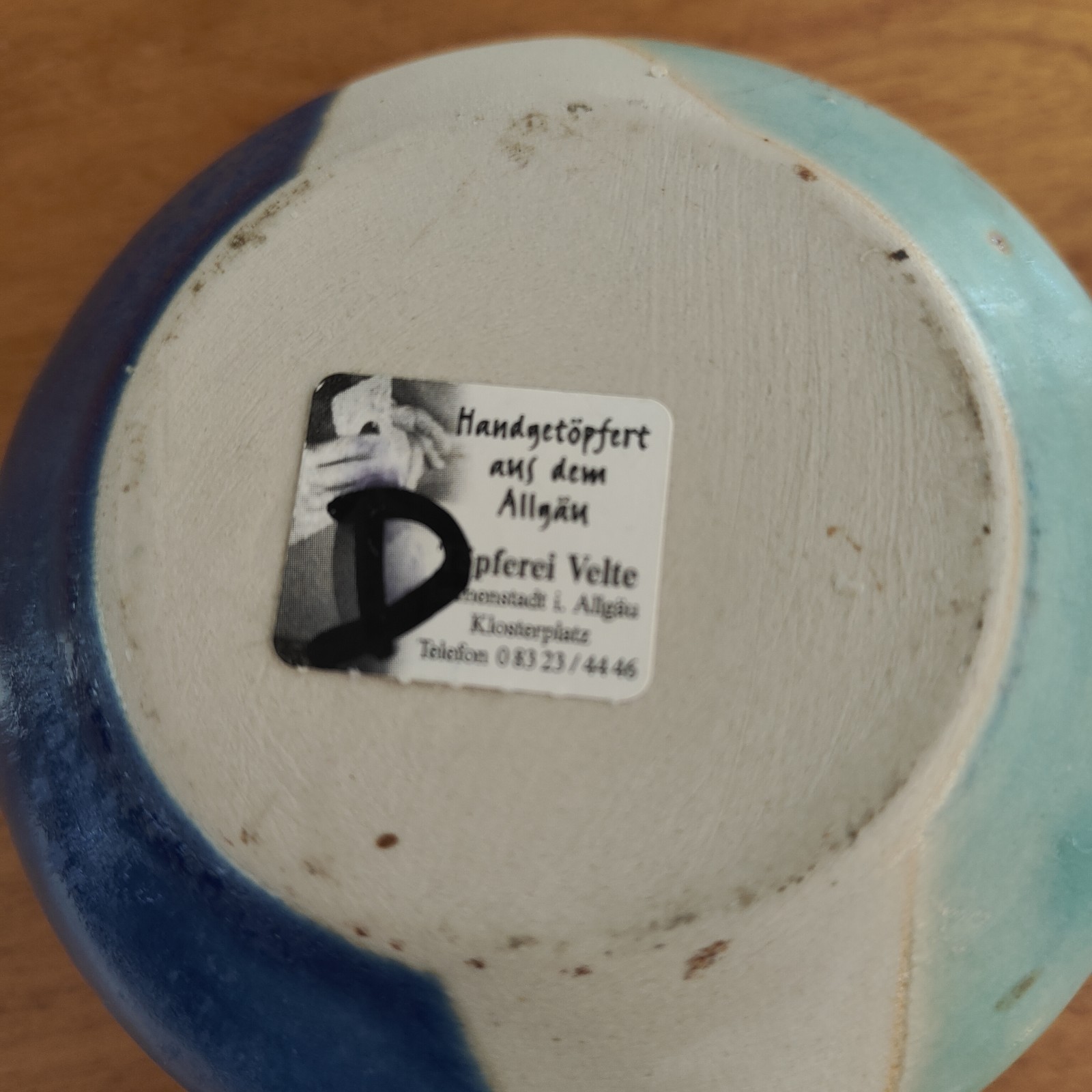 Töpferei Velte Allgau Germany Art Pottery Vase Flower Frog Handmade Blue Aqua