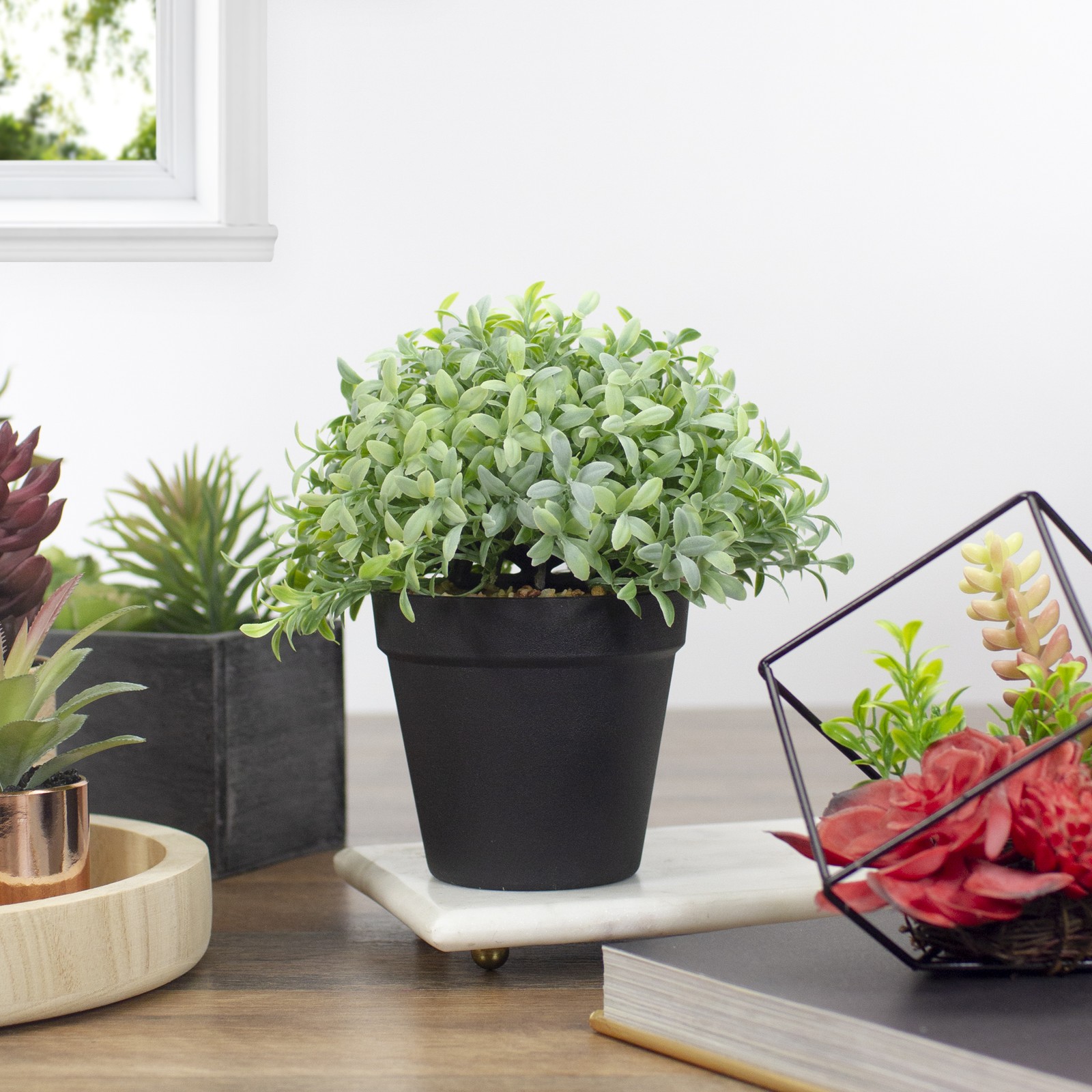 Northlight 7.5″ Potted Green Artificial Boxwood Plant in Black Pot