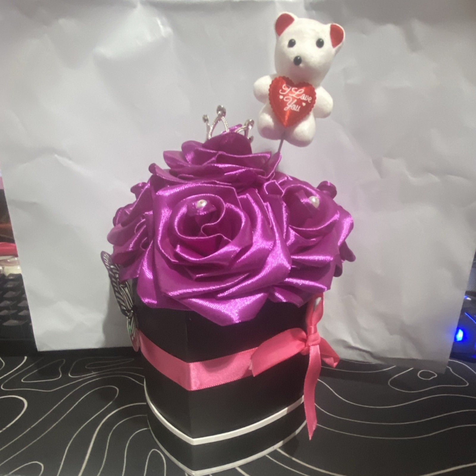 Artificial Rose Flower Box Purple with Teddy Bear Valentine’s Day Centerpiece