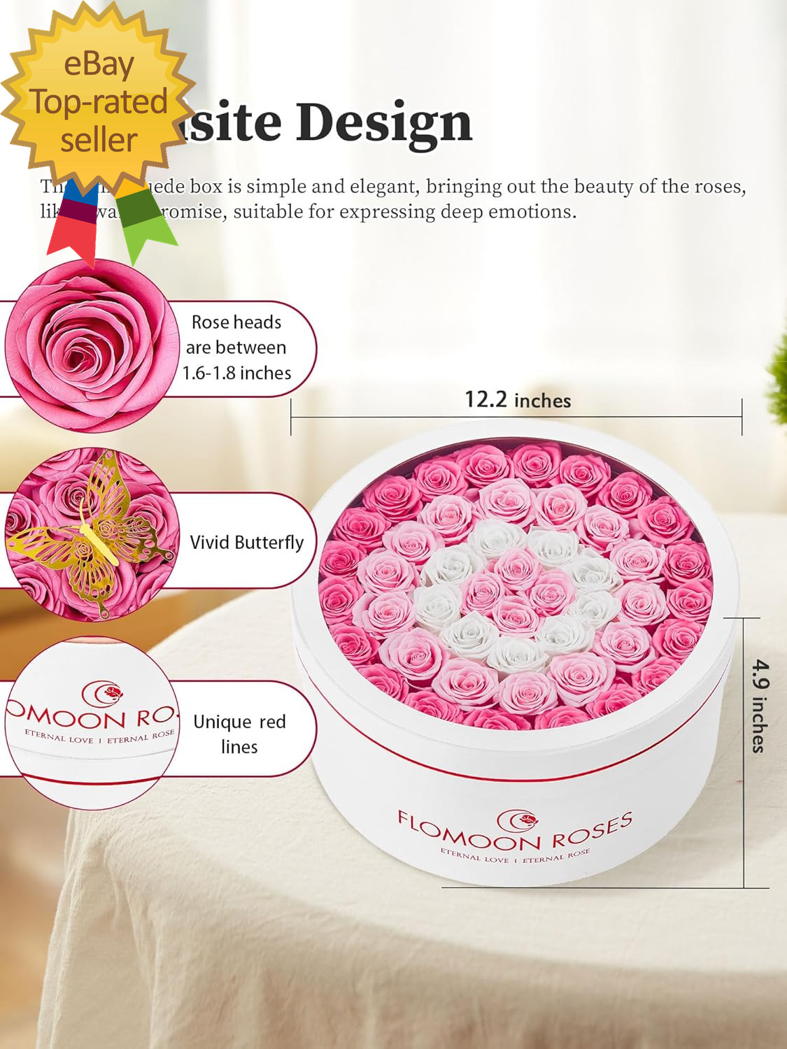 Preserved Roses 47-Piece Real Forever Flowers in White round Velvet Box Birthday