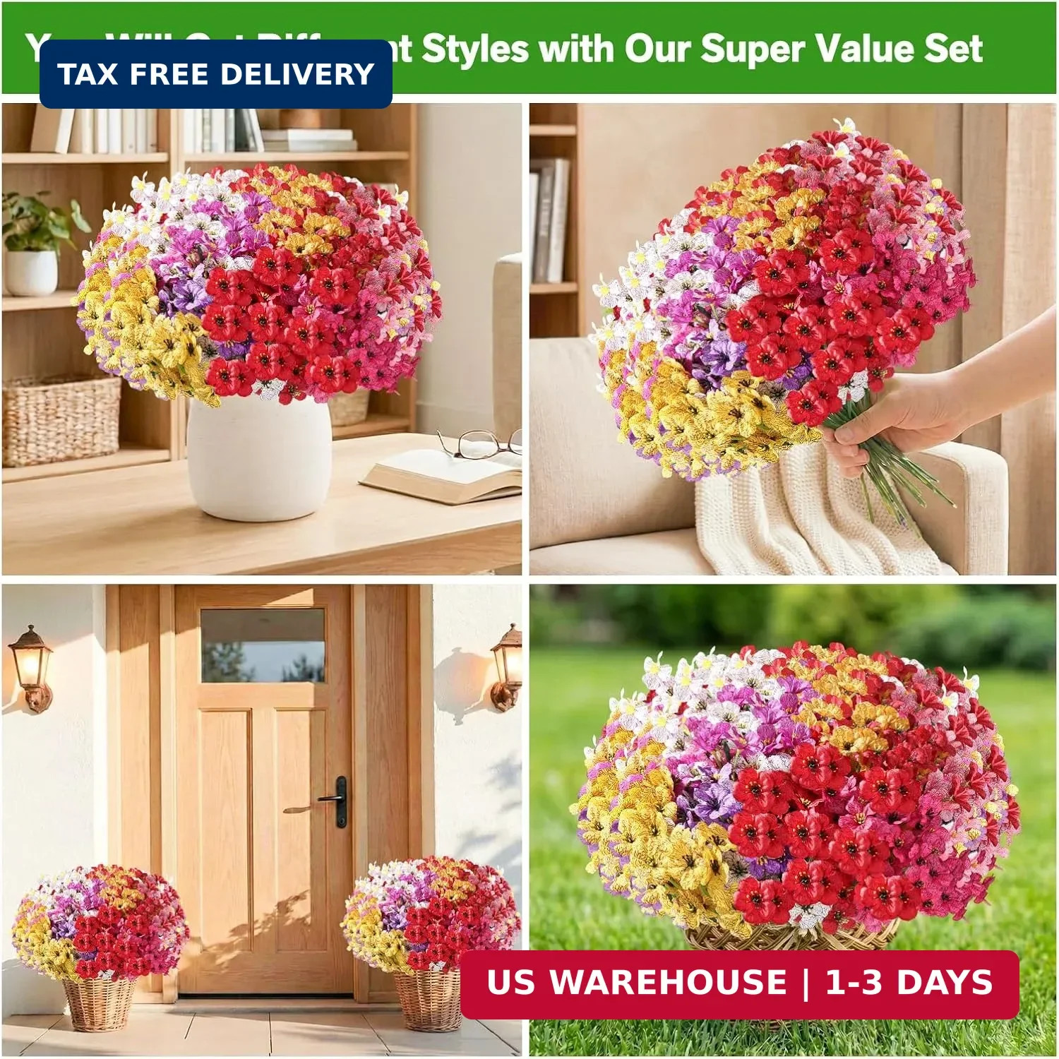 Powbrace 22 Pack Artificial Flowers for Outdoor Indoor Fake Plants, Faux Silk Fl