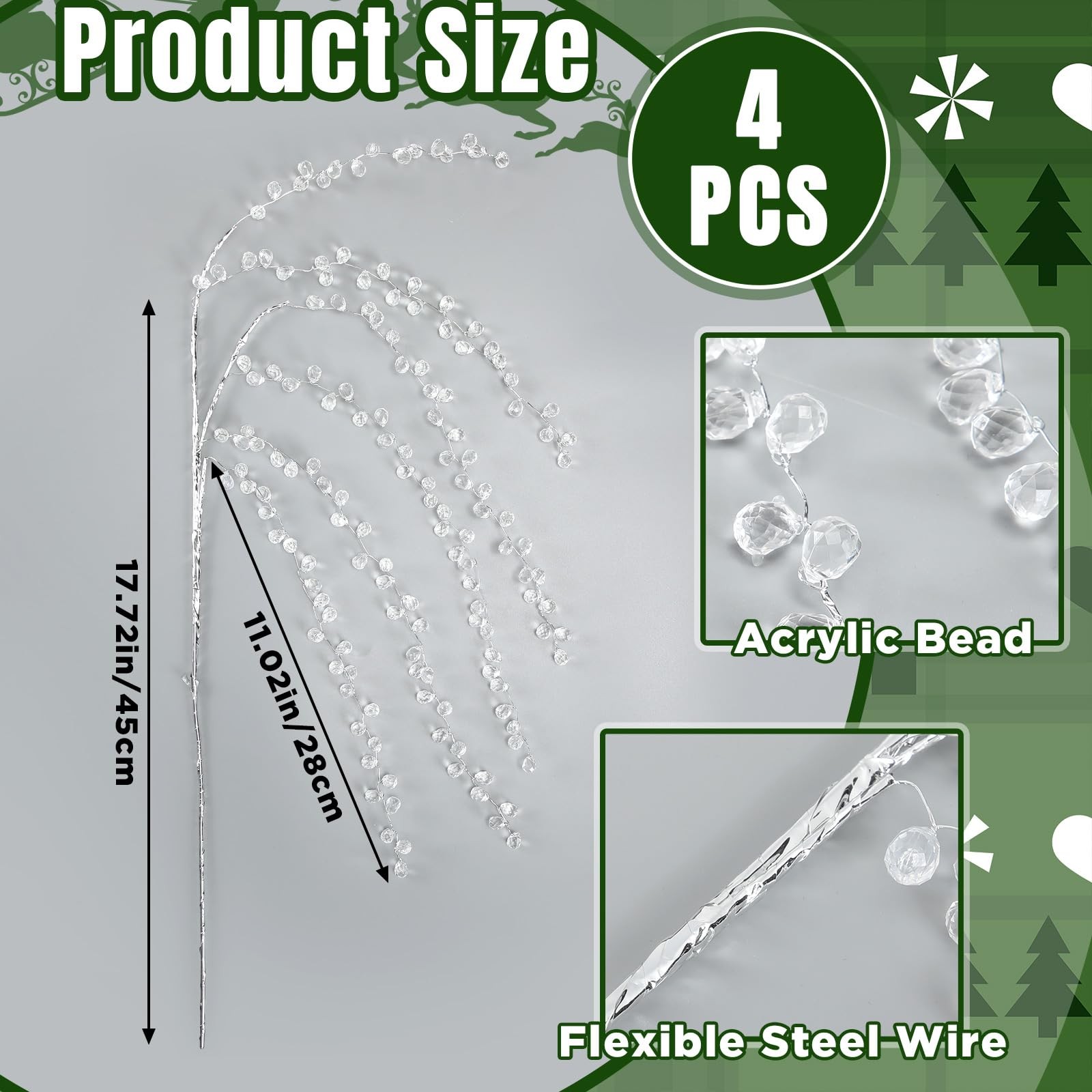 4 Pack Crystal Ice Drop Christmas Tree Picks 17.7 Inch Clear Acrylic Christma…