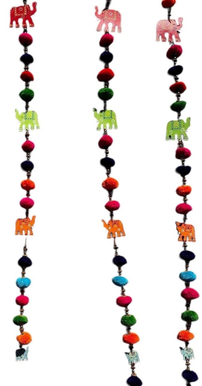 Elephant Garlands Pom Poms Wood Set of 3 Boho Indian Festival Diwali
