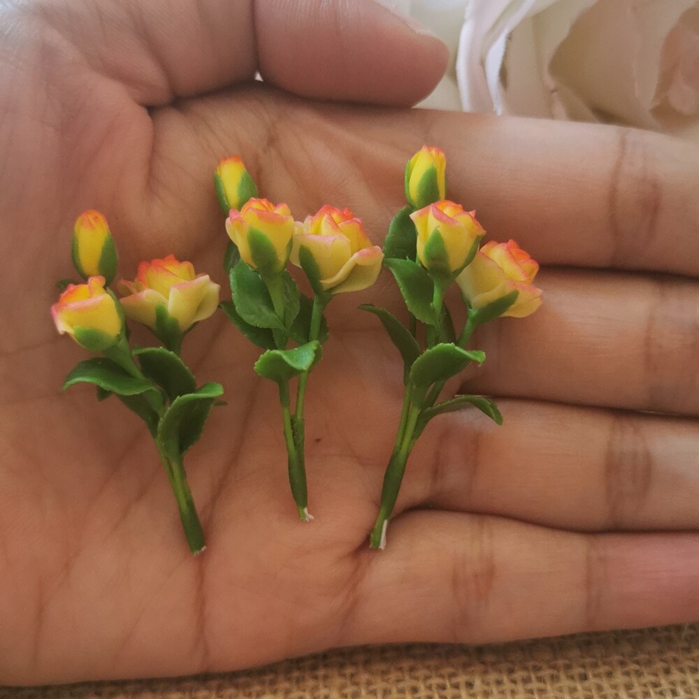 Bloom Yellow Rose Flower Miniature Dollhouse 3 Bunches Artificial Flowers Decor