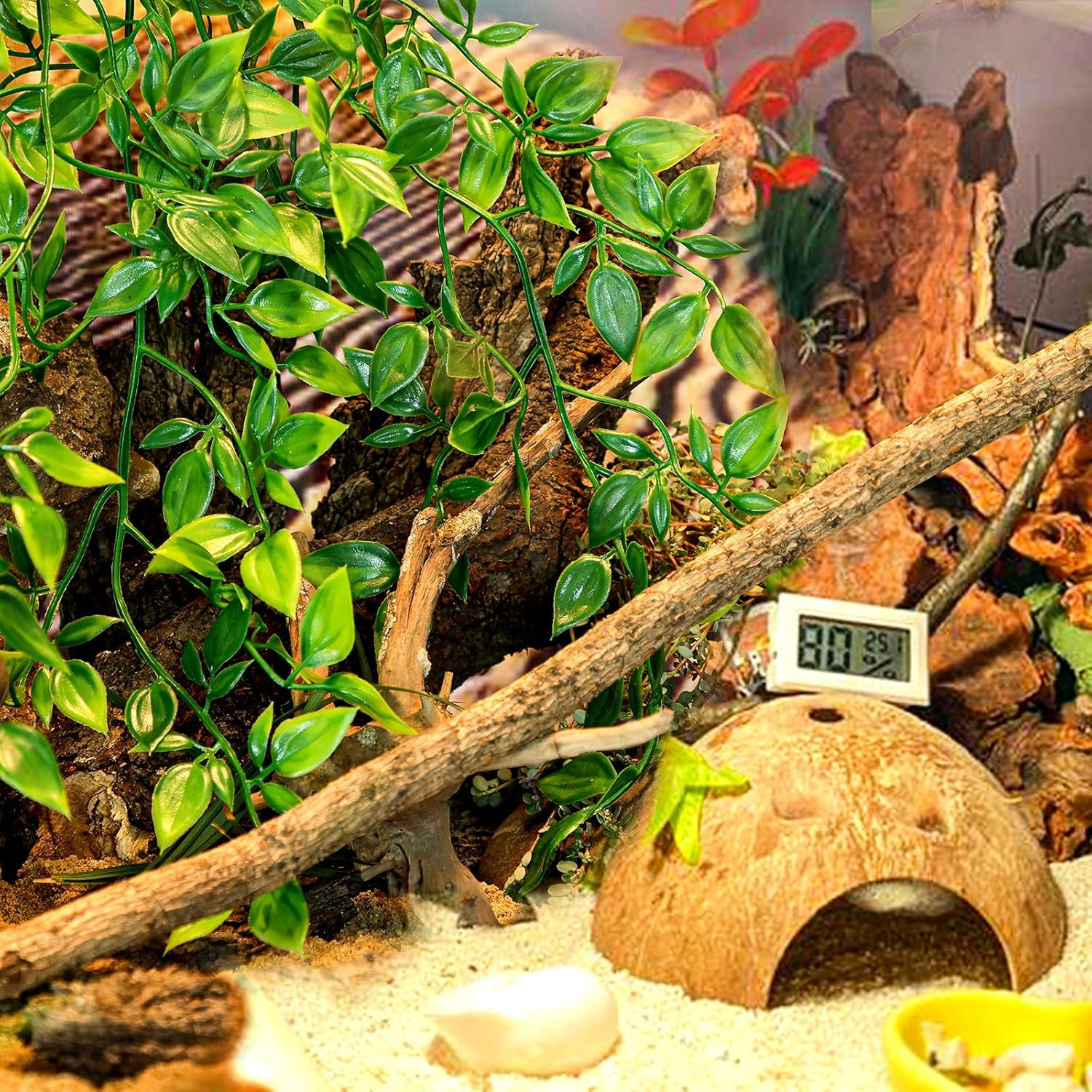 Reptile Plants, 2 Pack Terrarium Hanging Plants Vines Artificial Leaves Habitat