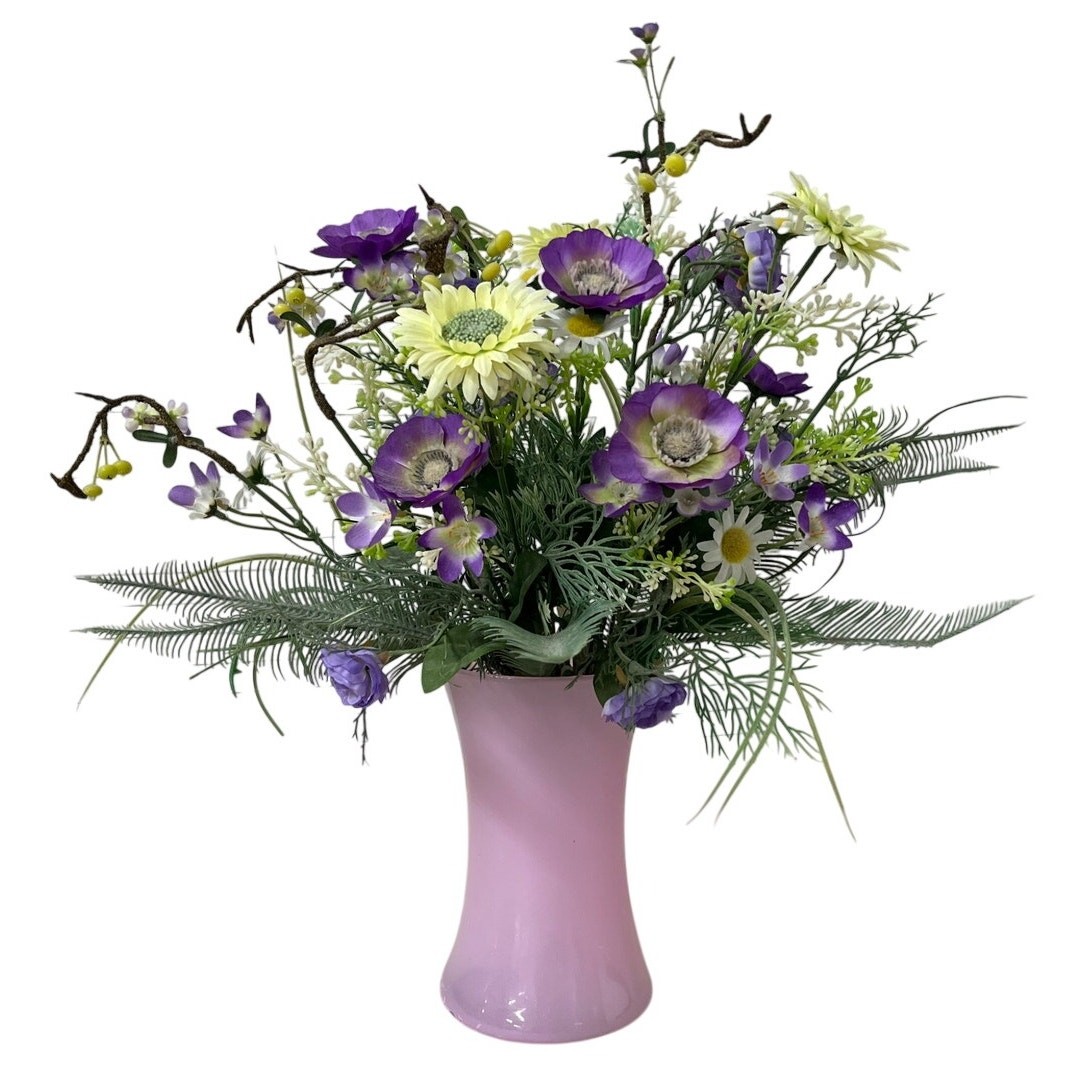 Faux Floral Arrangement Pink Vase Purple White
