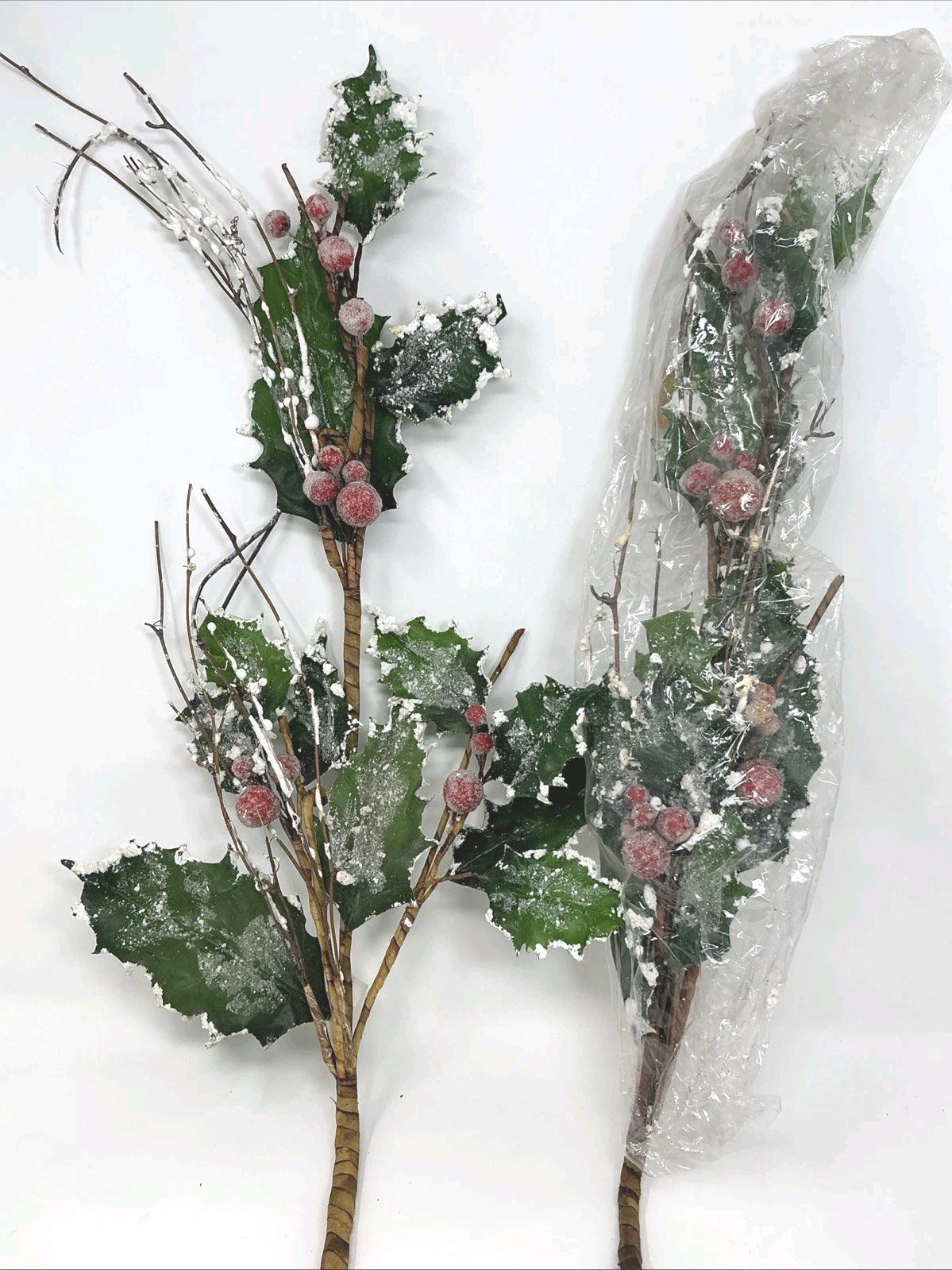 Holly Leaf Floral Pick w Flocked Edges Red Sugar Berries 36” 2 Picks Artificial