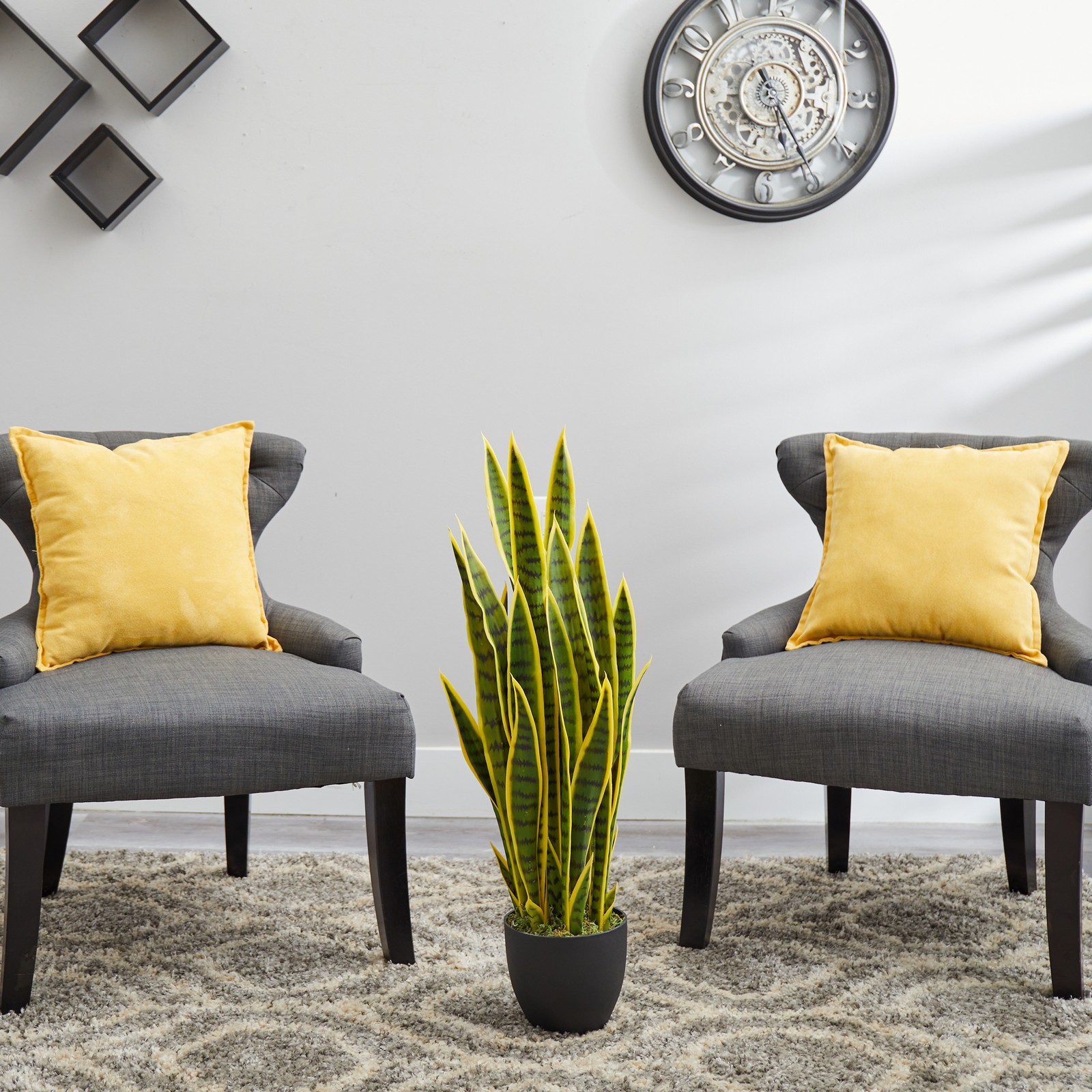 Nearly Natural 33″ Sansevieria Artificial Plant 35 Variegated Leaf – Green/Black