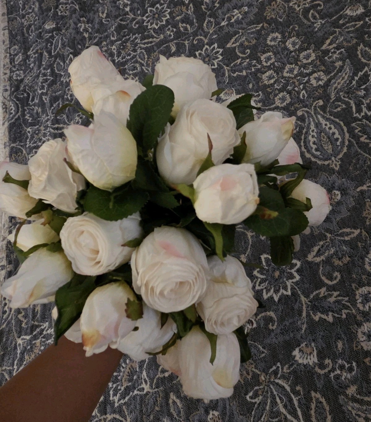 Faux White Rose Bouquet with Blush Pink Accents Wedding Floral Arrangement