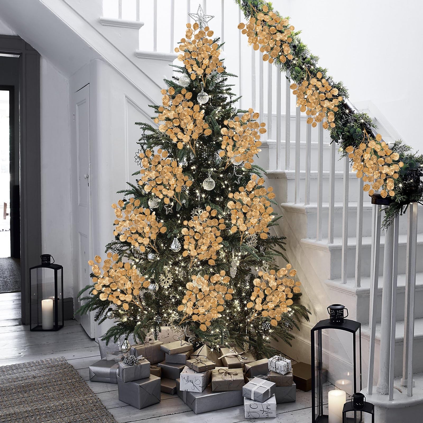 24.8” Christmas Tree Picks and Sprays 3Pcs Golden Artificial Eucalyptus Stems…