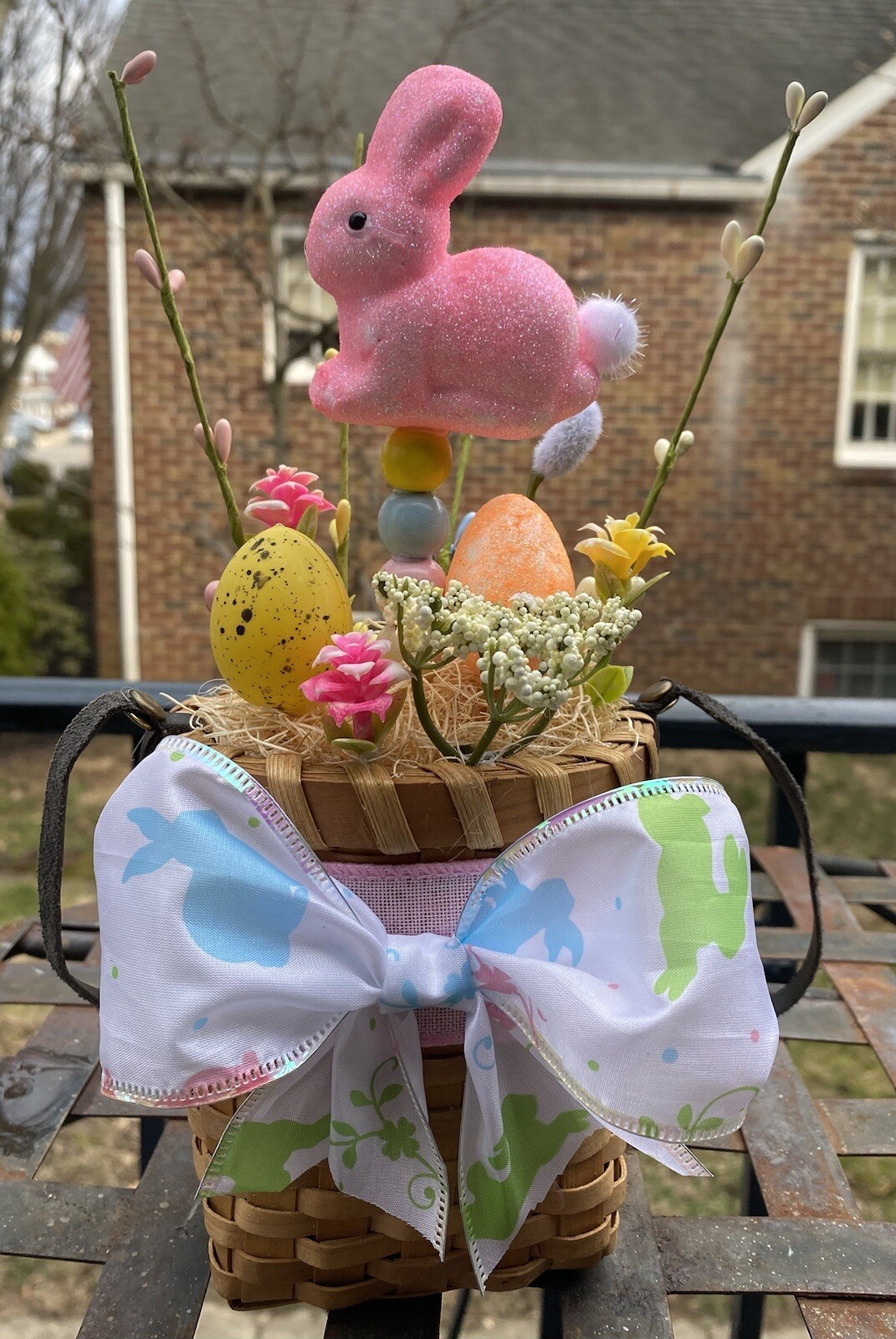 Handmade Floral Flower Arrangement Spring Easter Hanging Basket Bunny Egg Decor