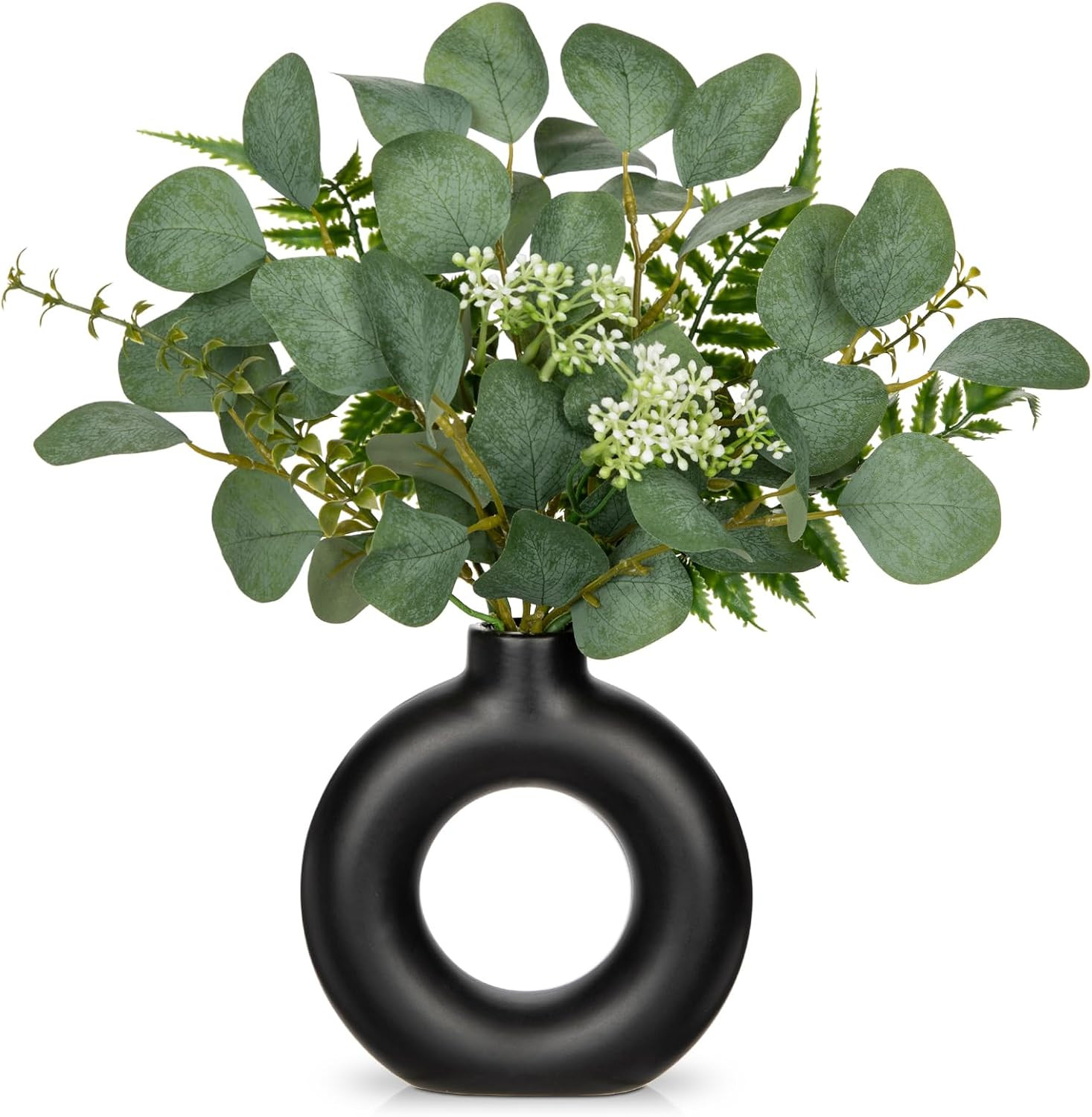 Artificial Eucalyptus Stems in Ceramic Vase 14.23″ Fake Eucalyptus Plant Decor B