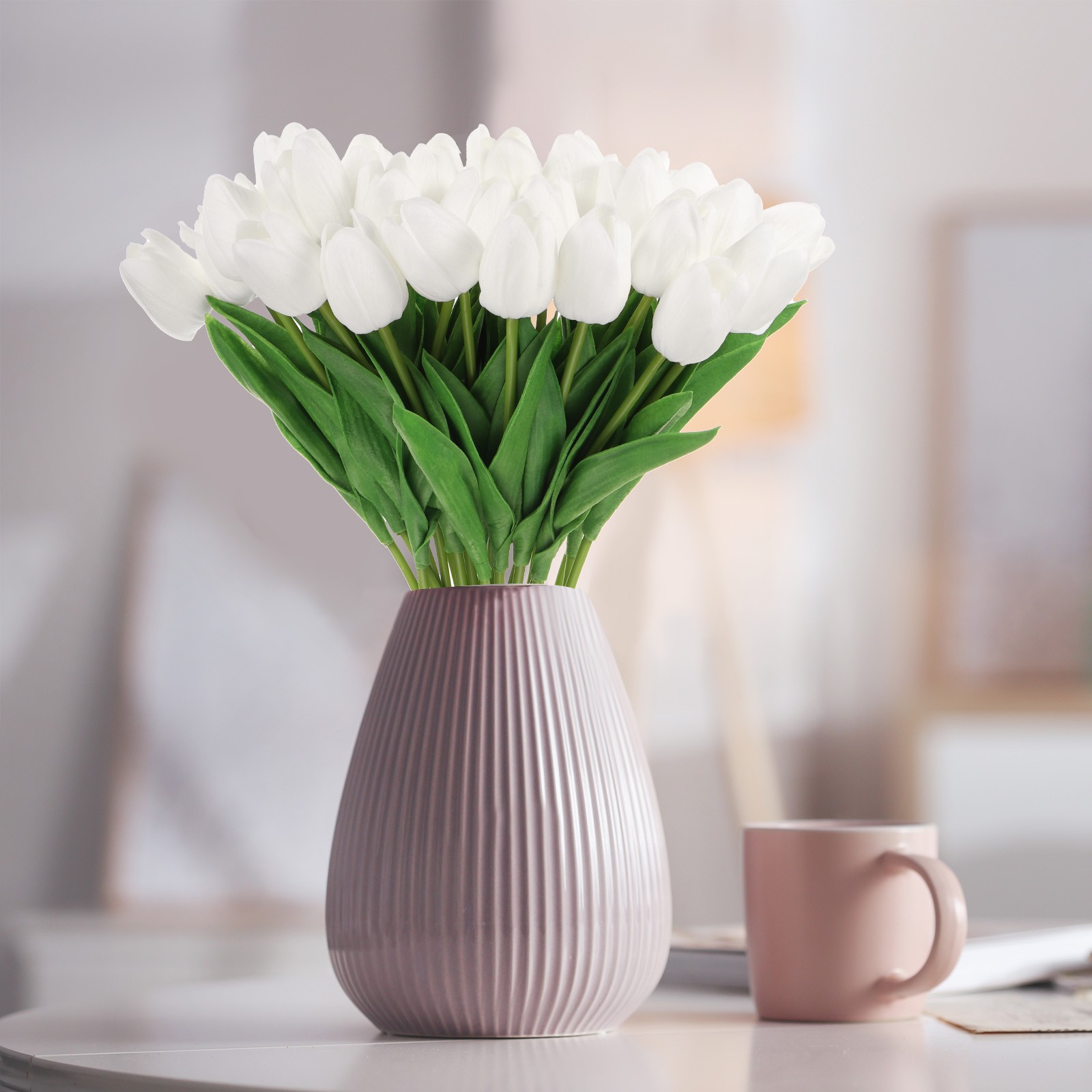 24Pcs Fake Tulips Artificial Flowers PU Artificial Tulips Real Touch White