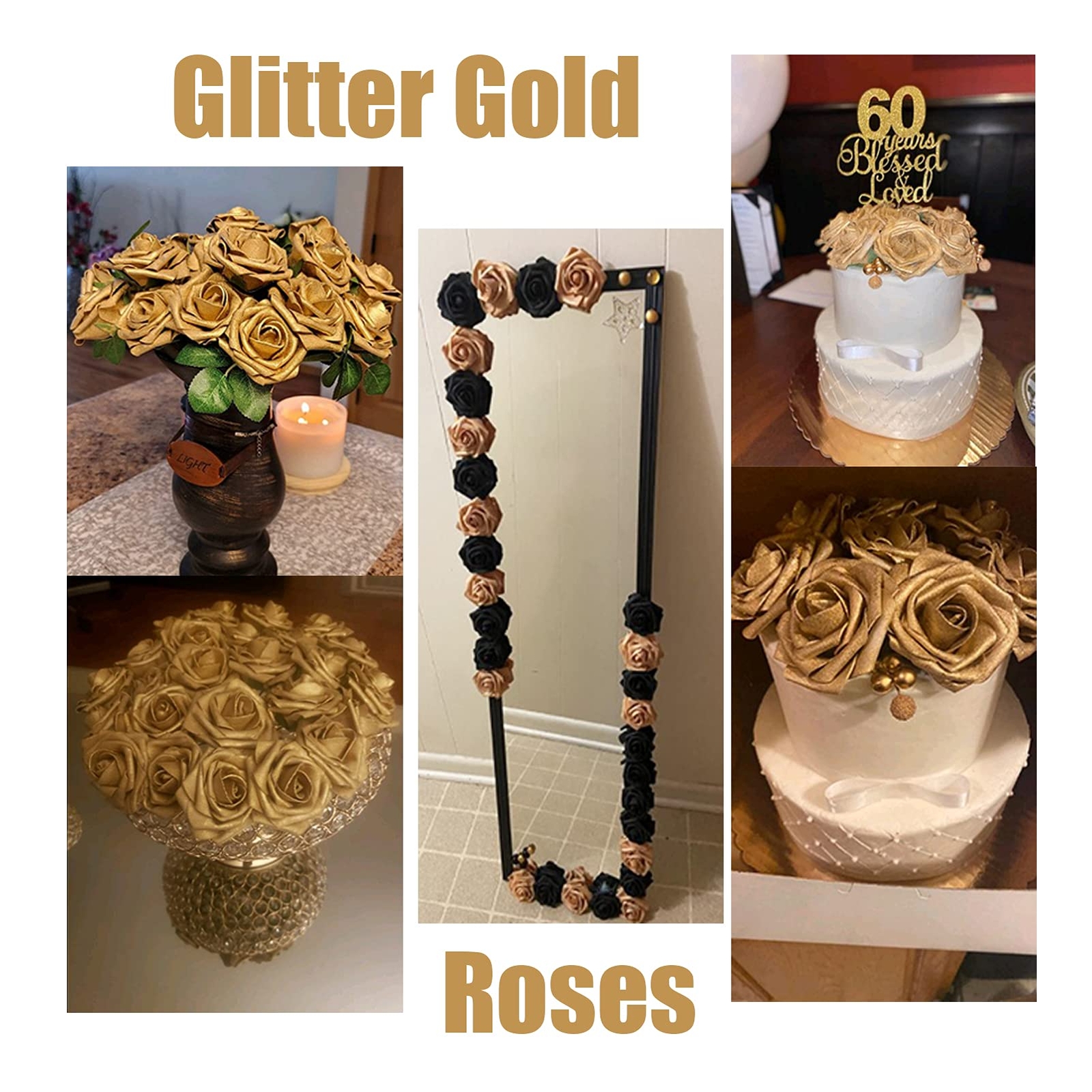 50 Pcs Black Gold Roses Artificial Flowers Wedding Centerpiece Baby Shower