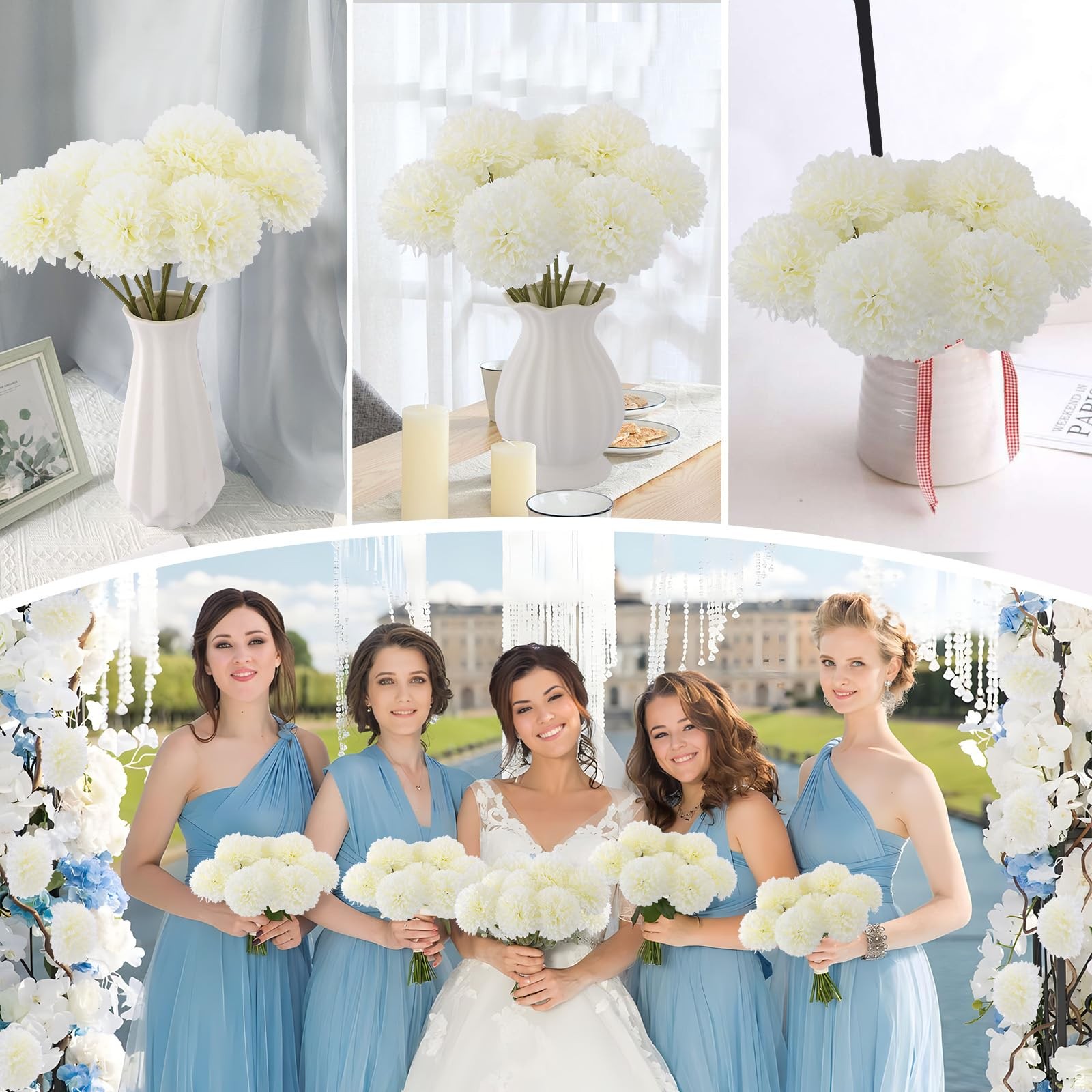 12 PCS Artificial Chrysanthemum Silk Ball White Flowers Fake Mums Decor