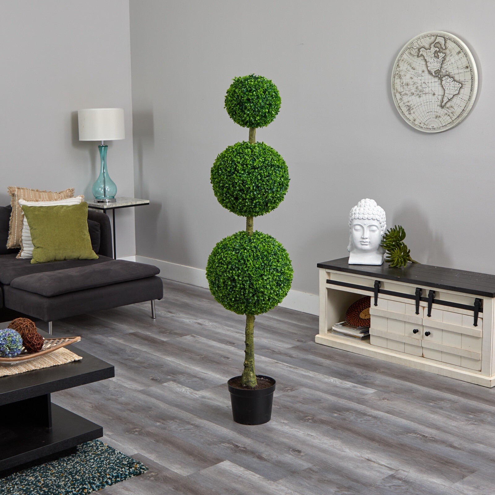 5.5’ Artificial Boxwood Triple Ball Topiary Tree UV Indoor/Outdoor. Retail $345