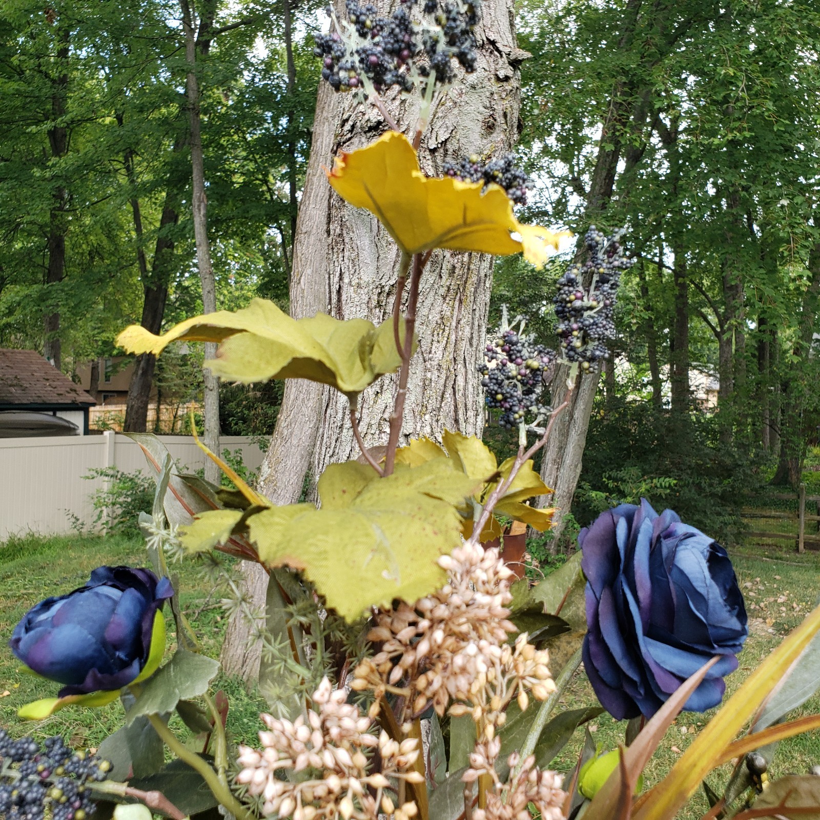 Navy Blue Fall Floral Arrangement Pumpkin Accent, Autumn Magnolia Arrangement