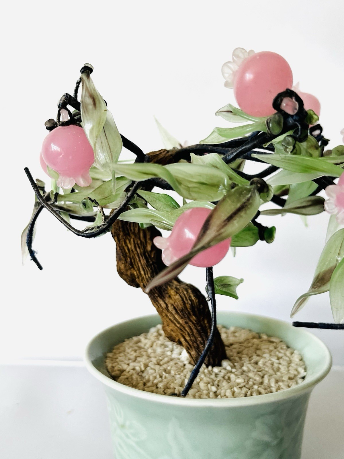 Vintage Pink Cherry Blossom Flower Plastic Bonsai Tree Celadon Planter
